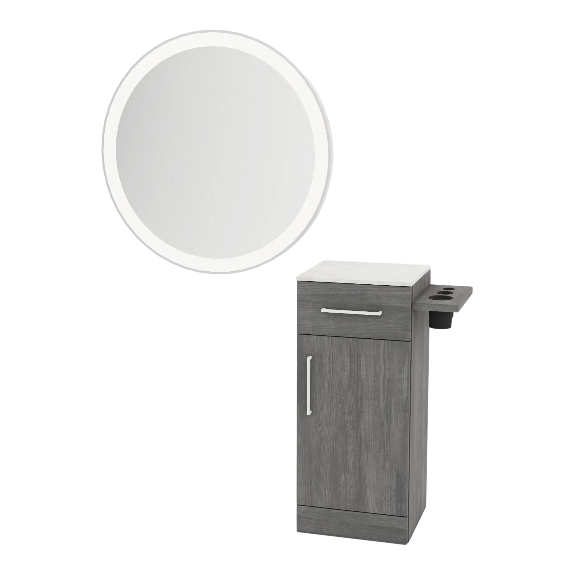 Nova Tower Free Standing Styling Station with Side-Mount Appliance Holder, Solid Surface Countertop, and Silver Round Glo Mirror