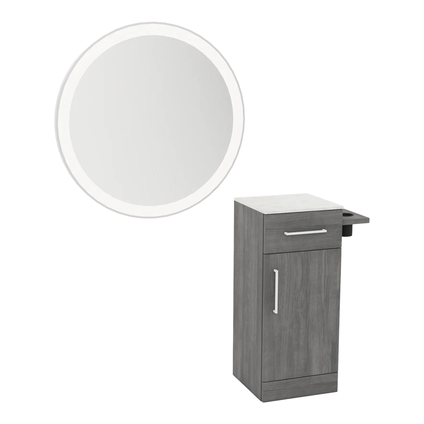 Nova Tower Free Standing Styling Station with Side-Mount Appliance Holder, Solid Surface Countertop, and Silver Round Glo Mirror