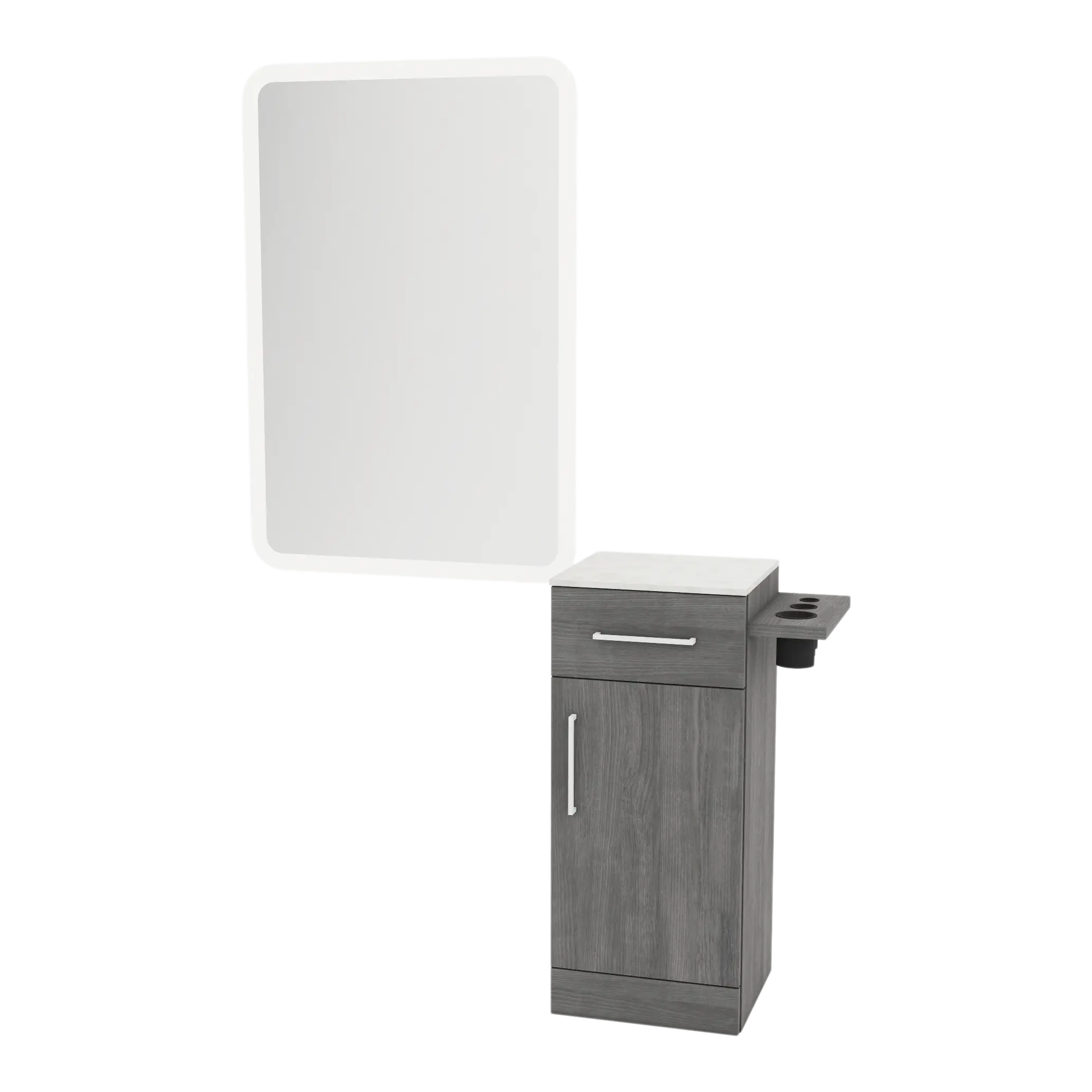 Nova Tower Free Standing Styling Station with Side-Mount Appliance Holder, Solid Surface Countertop, and White Rectangle Illuminate Back Lit Mirror