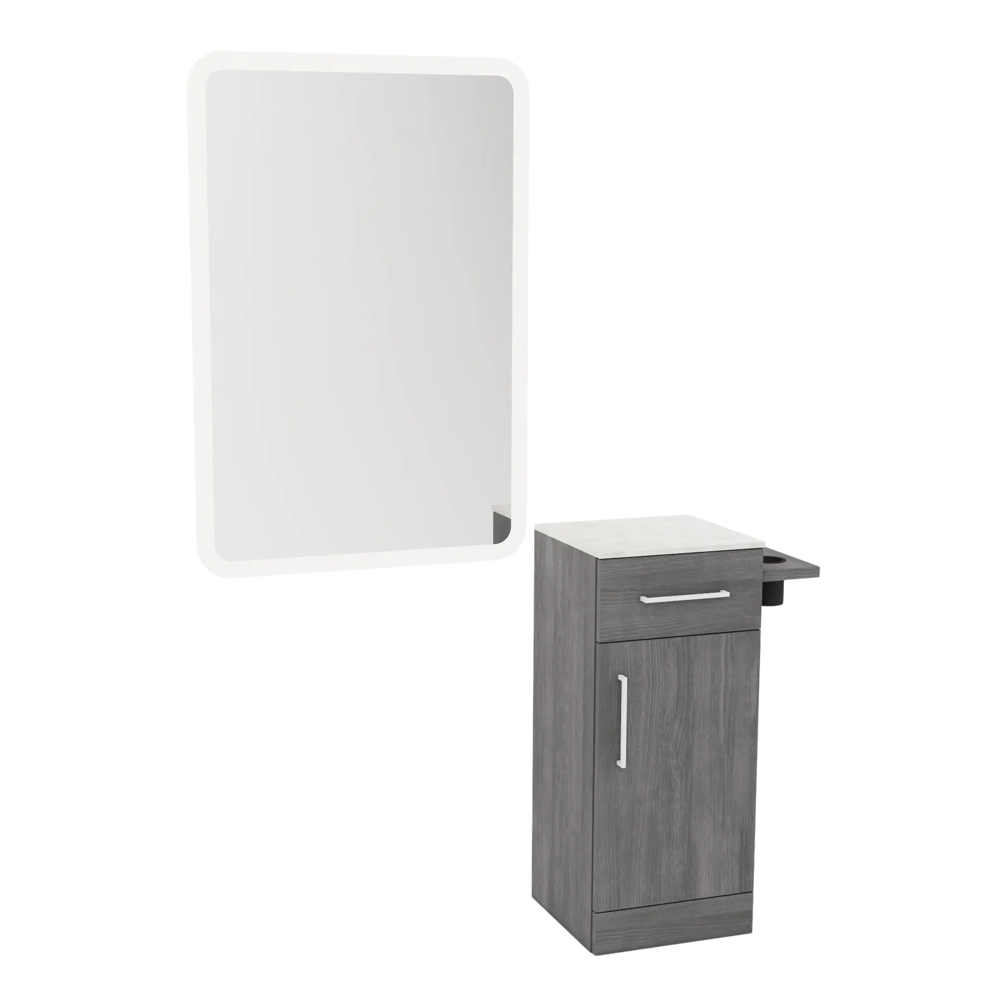 Nova Tower Free Standing Styling Station with Side-Mount Appliance Holder, Solid Surface Countertop, and White Rectangle Illuminate Back Lit Mirror