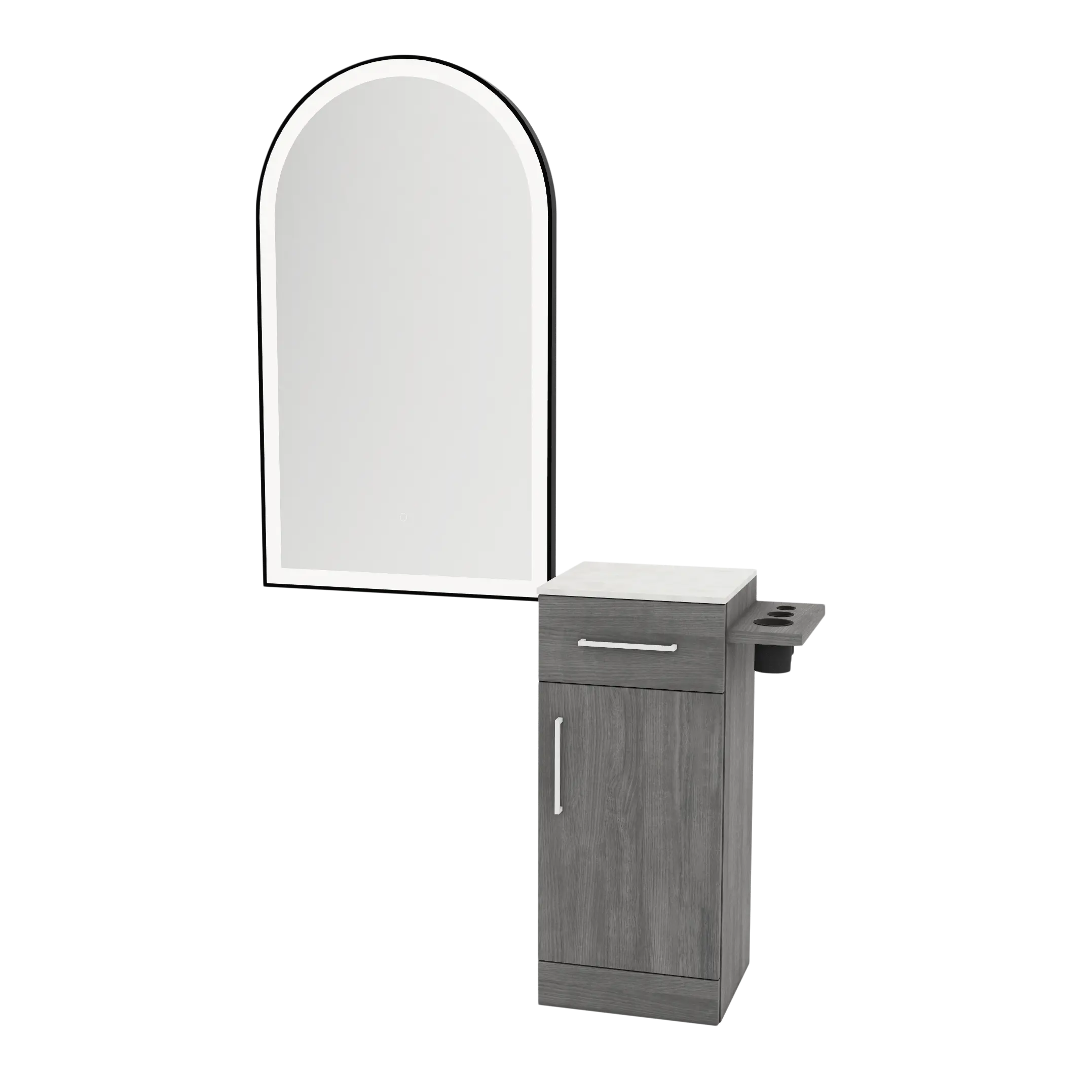 Nova Tower Free Standing Styling Station with Side-Mount Appliance Holder, Solid Surface Countertop, and Black Arch Paloma Mirror