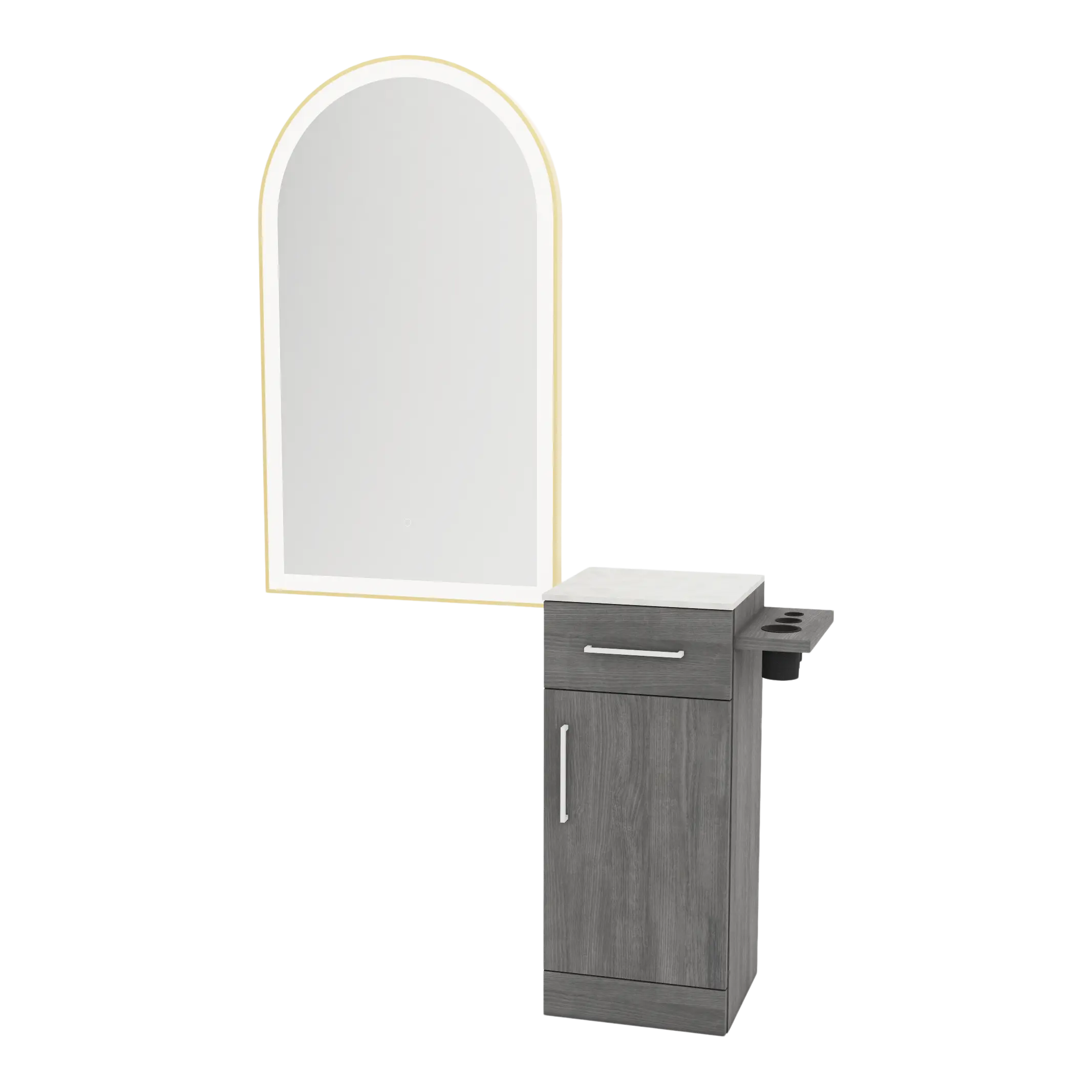 Nova Tower Free Standing Styling Station with Side-Mount Appliance Holder, Solid Surface Countertop, and Gold Arch Paloma Mirror