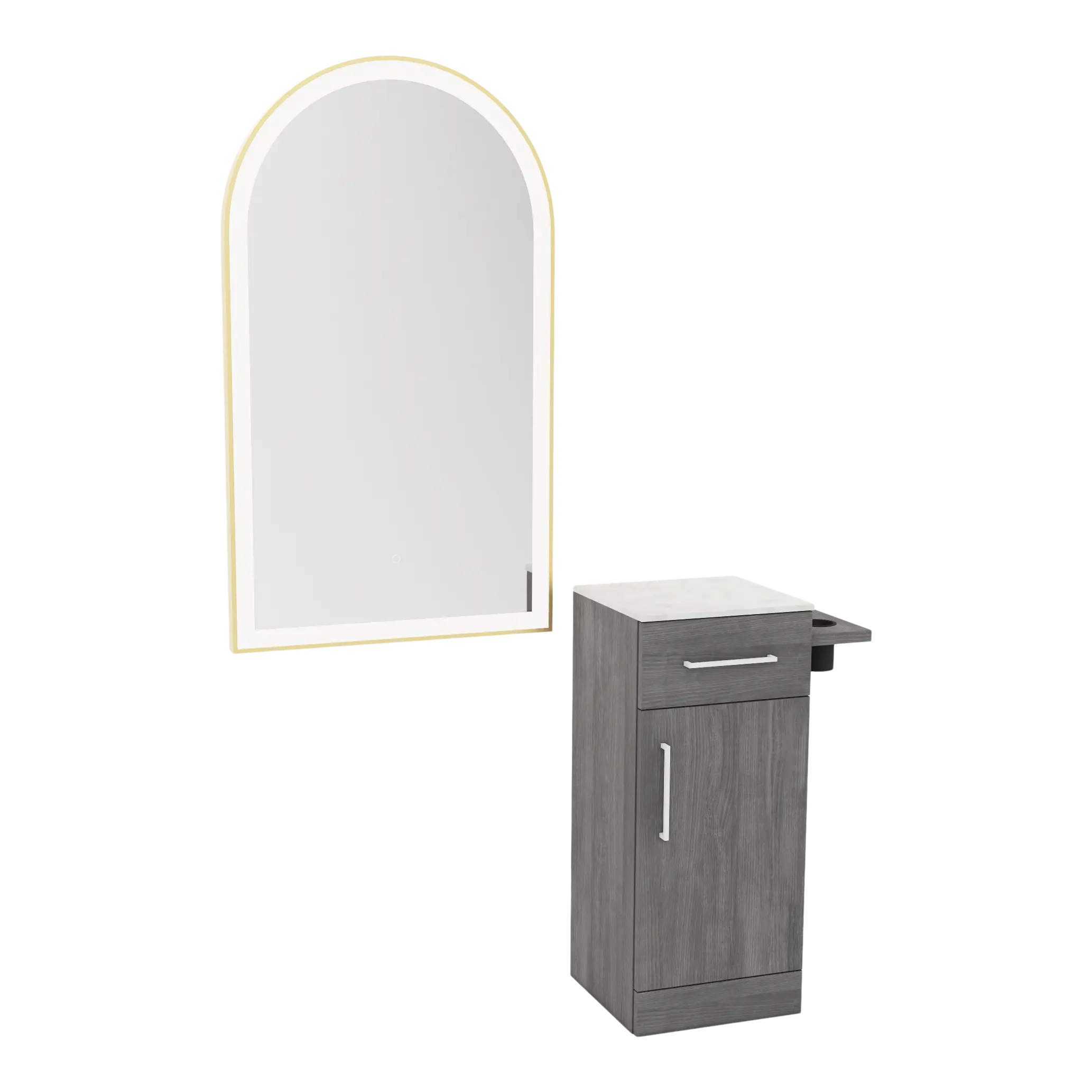 Nova Tower Free Standing Styling Station with Side-Mount Appliance Holder, Solid Surface Countertop, and Gold Arch Paloma Mirror