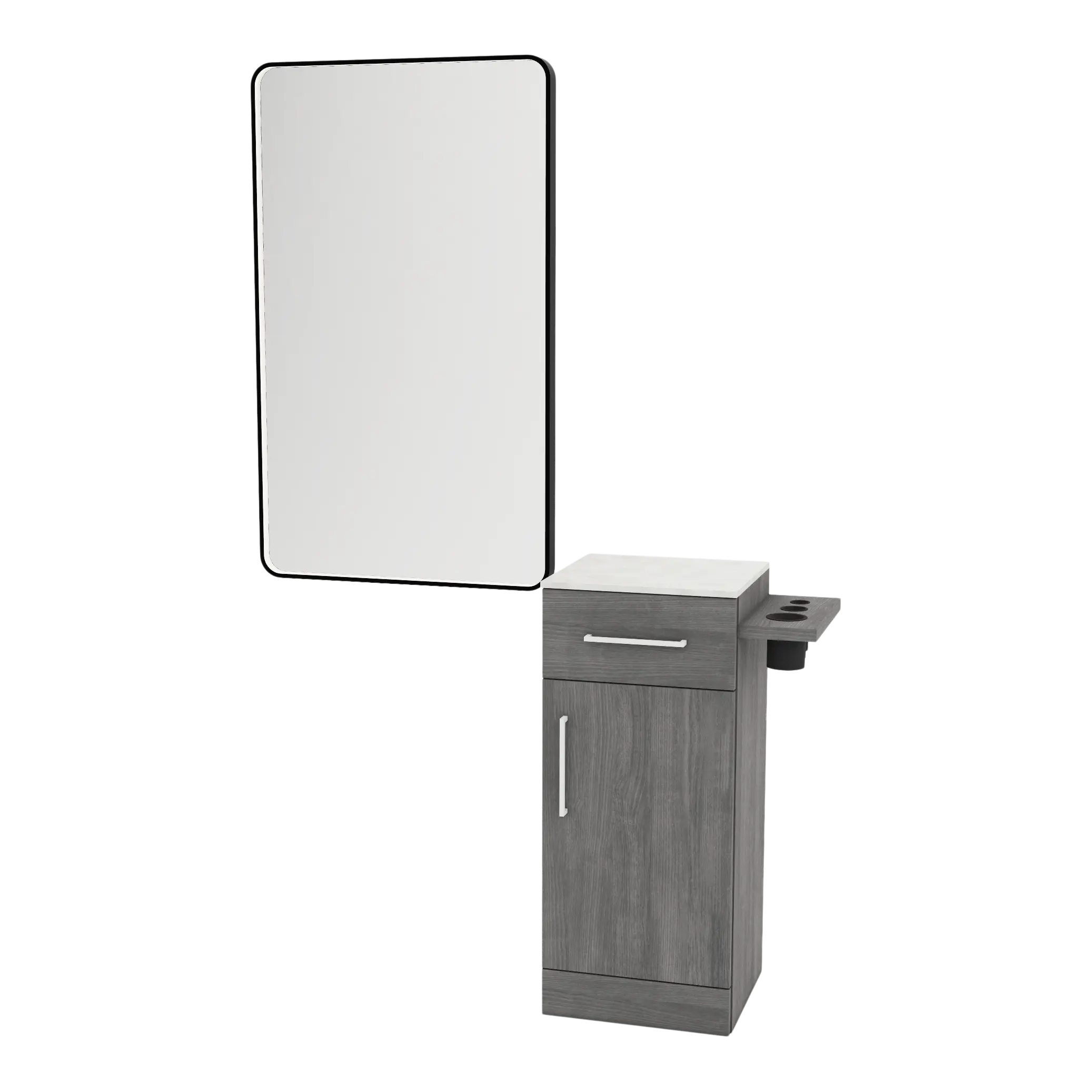 Nova Tower Free Standing Styling Station with Side-Mount Appliance Holder, Solid Surface Countertop, and Black Rectangle Westin Mirror