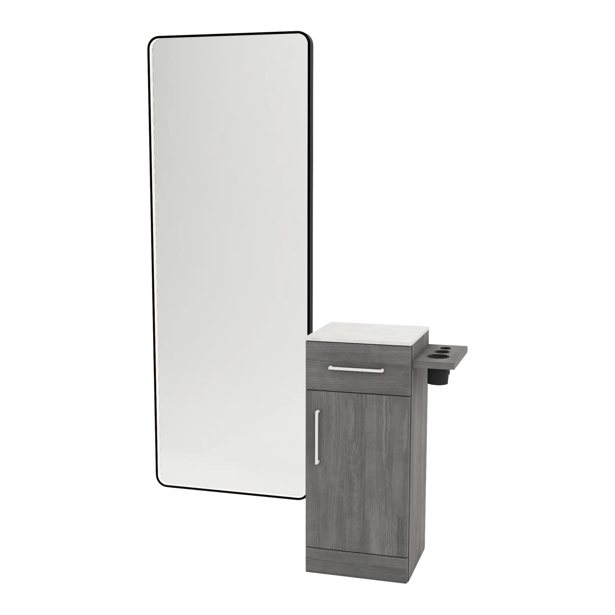 Nova Tower Free Standing Styling Station with Side-Mount Appliance Holder, Solid Surface Countertop, and Black Full-Length Rectangle Westin Mirror