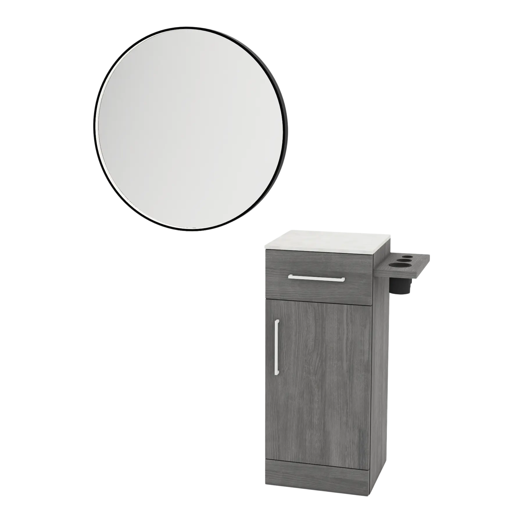 Nova Tower Free Standing Styling Station with Side-Mount Appliance Holder, Solid Surface Countertop, and Black Round Westin Mirror