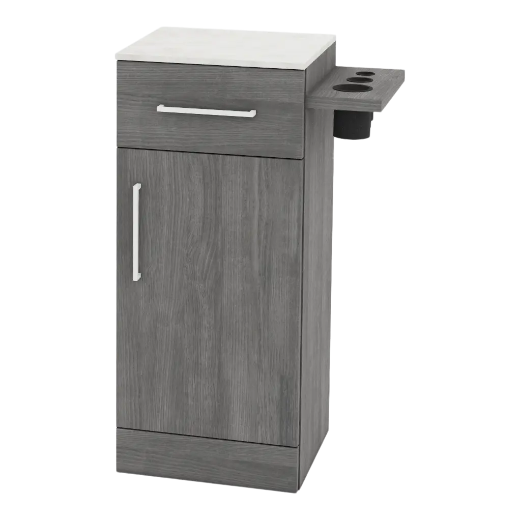 Nova Tower Free Standing Styling Station with Side-Mount Appliance Holder and Solid Surface Countertop (Cabinet Only)