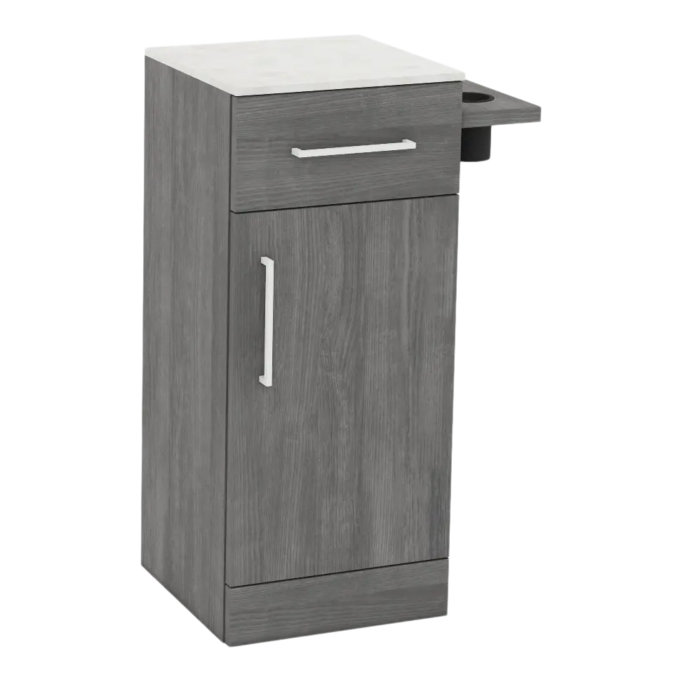Nova Tower Free Standing Styling Station with Side-Mount Appliance Holder and Solid Surface Countertop (Cabinet Only)