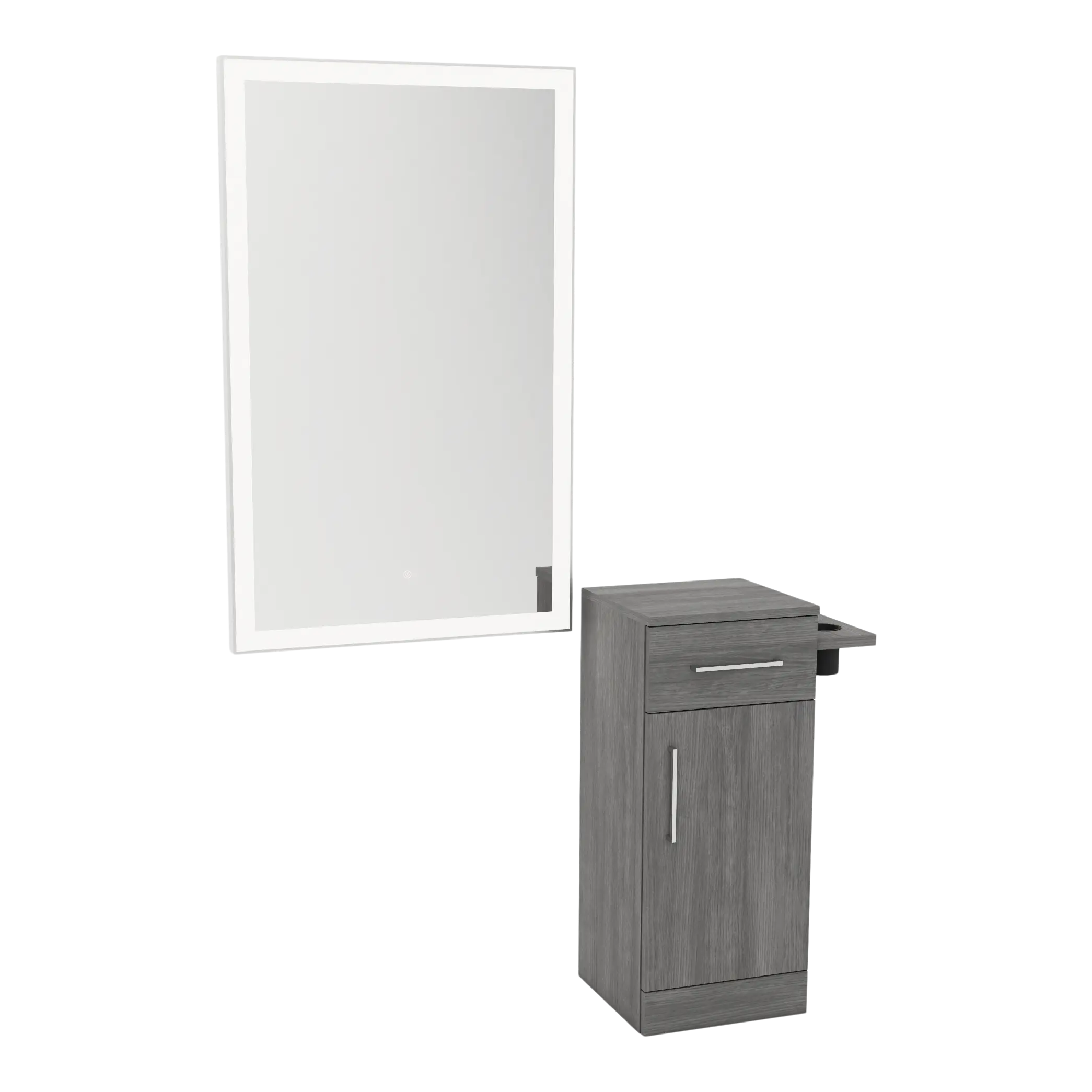 Nova Tower Free Standing Styling Station with Side-Mount Appliance Holder and Silver Rectangle Glo Mirror