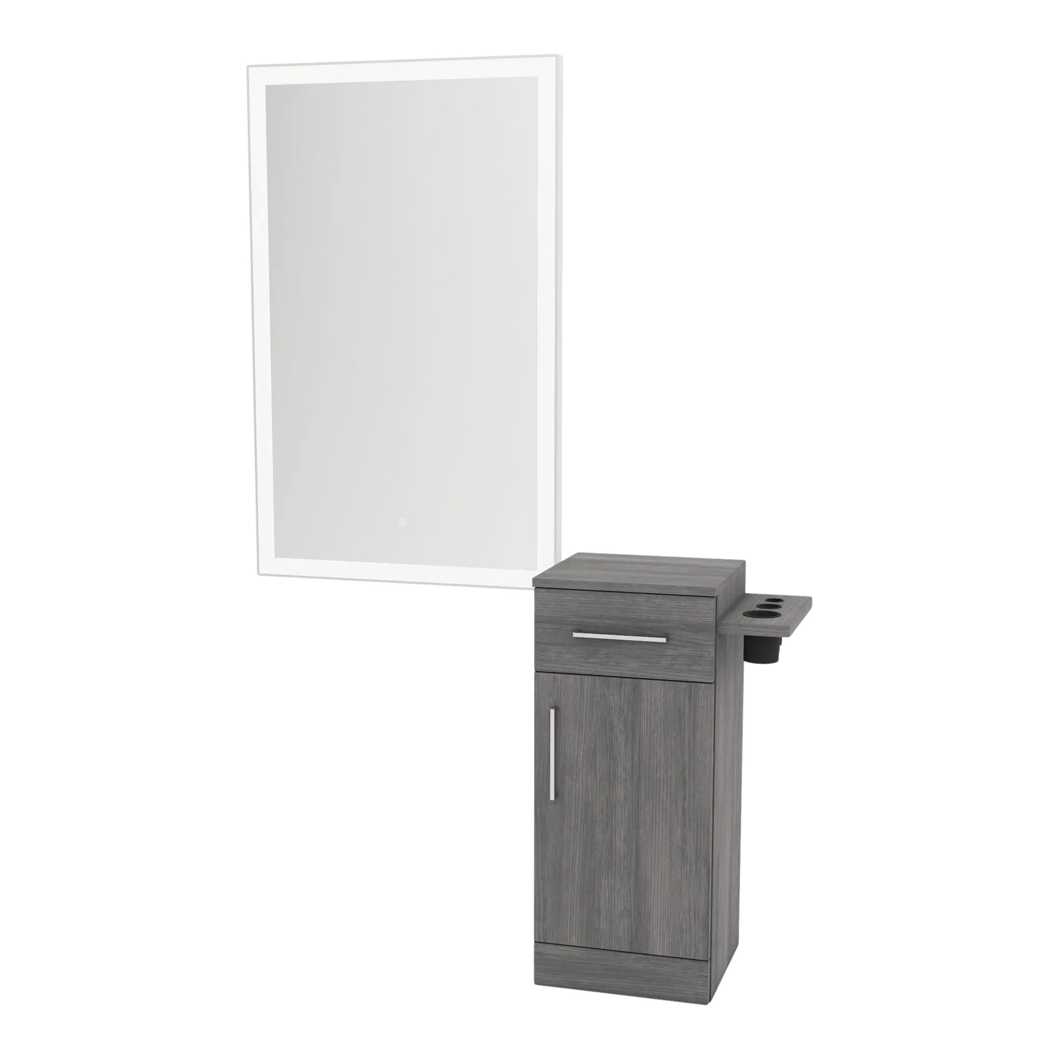 Nova Tower Free Standing Styling Station with Side-Mount Appliance Holder and Silver Rectangle Glo Mirror