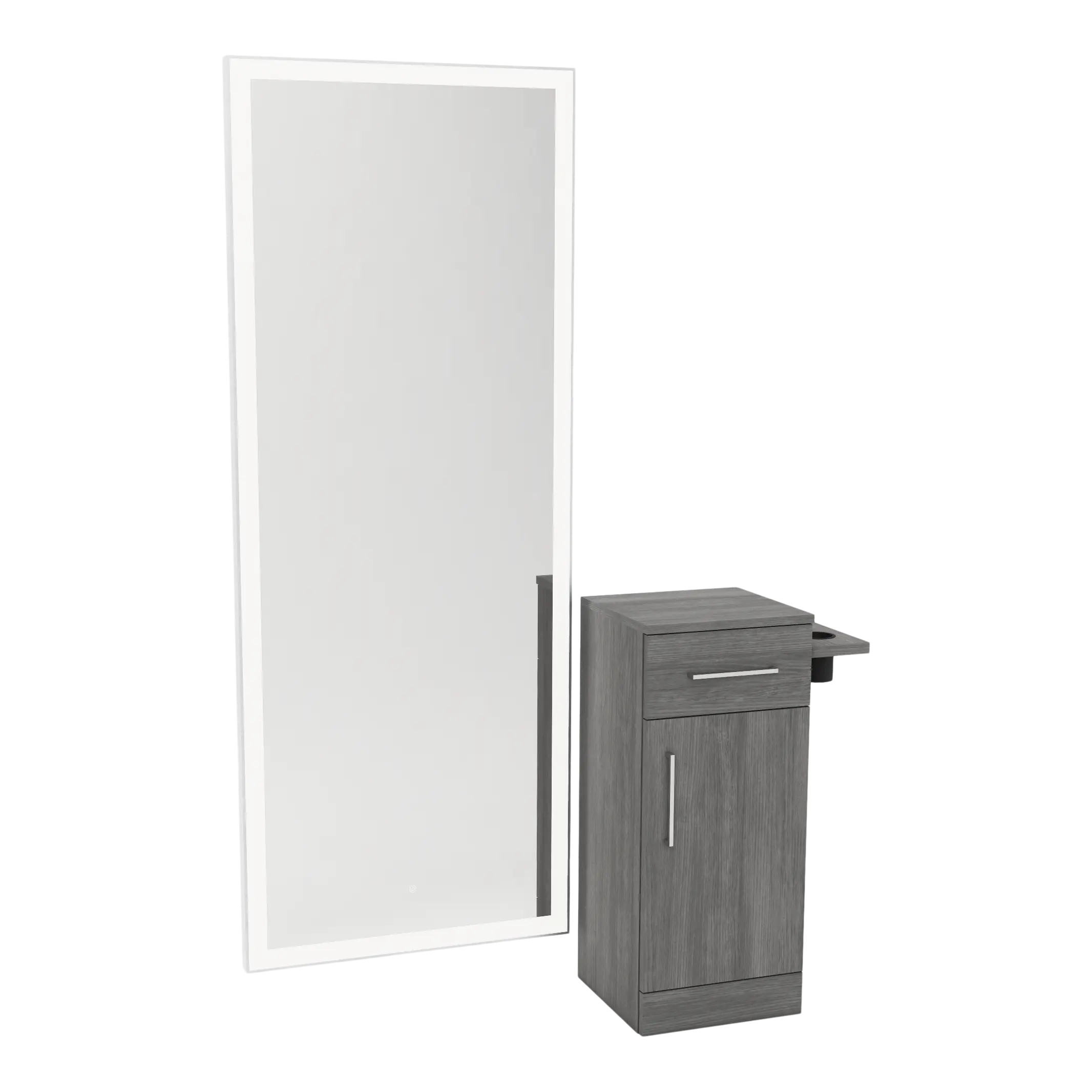 Nova Tower Free Standing Styling Station with Side-Mount Appliance Holder and Silver Full-Length Rectangle Glo Mirror