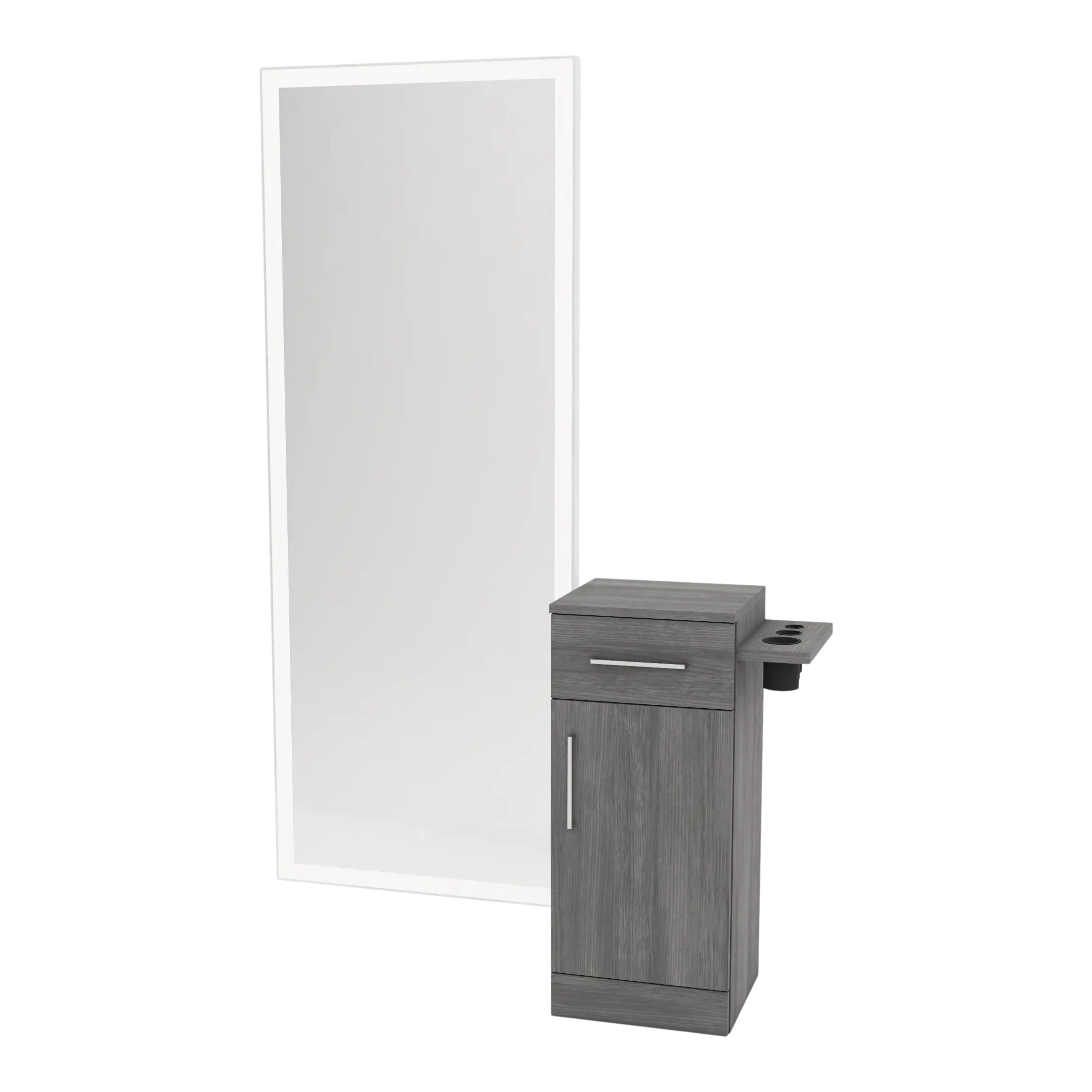 Nova Tower Free Standing Styling Station with Side-Mount Appliance Holder and Silver Full-Length Rectangle Glo Mirror