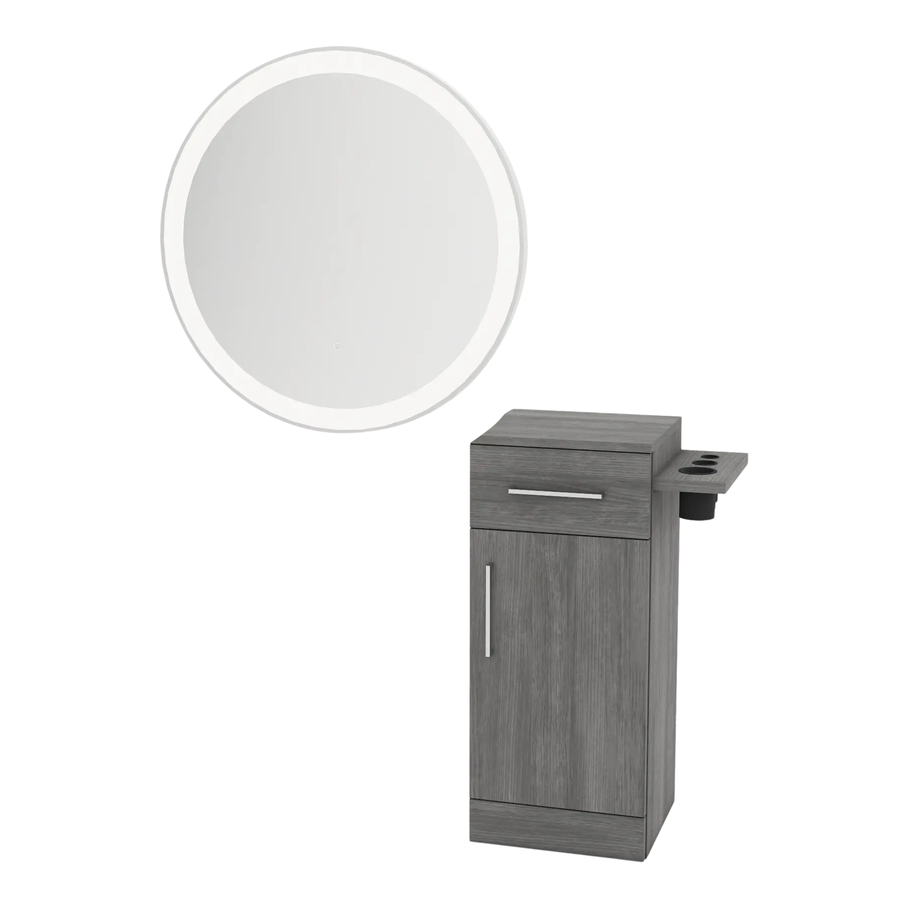 Nova Tower Free Standing Styling Station with Side-Mount Appliance Holder and Silver Round Glo Mirror