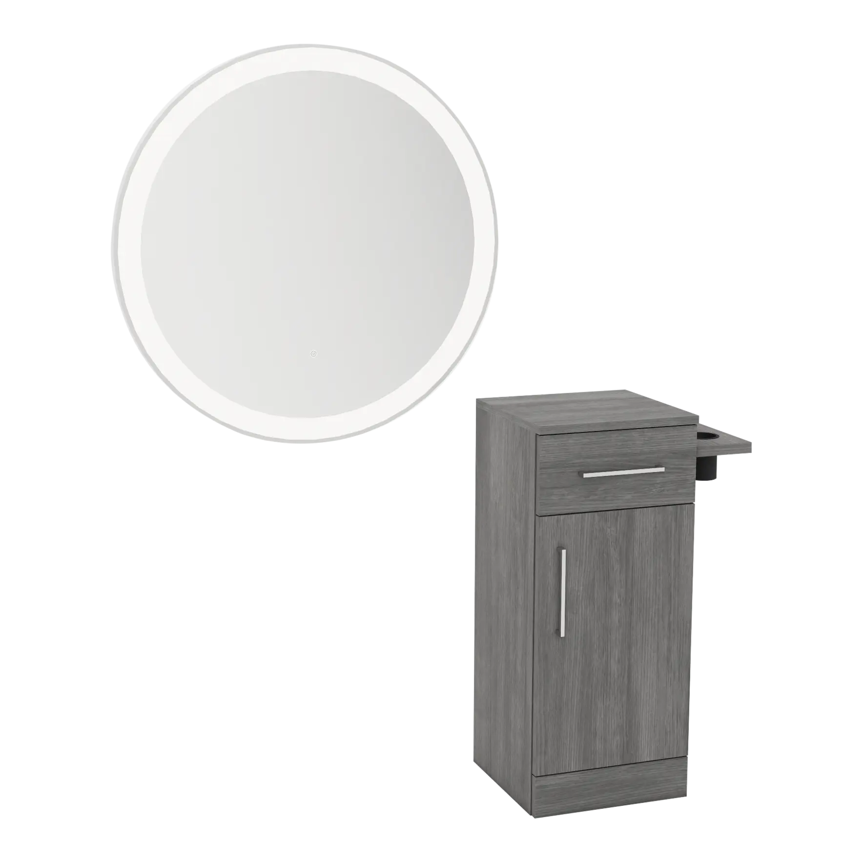 Nova Tower Free Standing Styling Station with Side-Mount Appliance Holder and Silver Round Glo Mirror