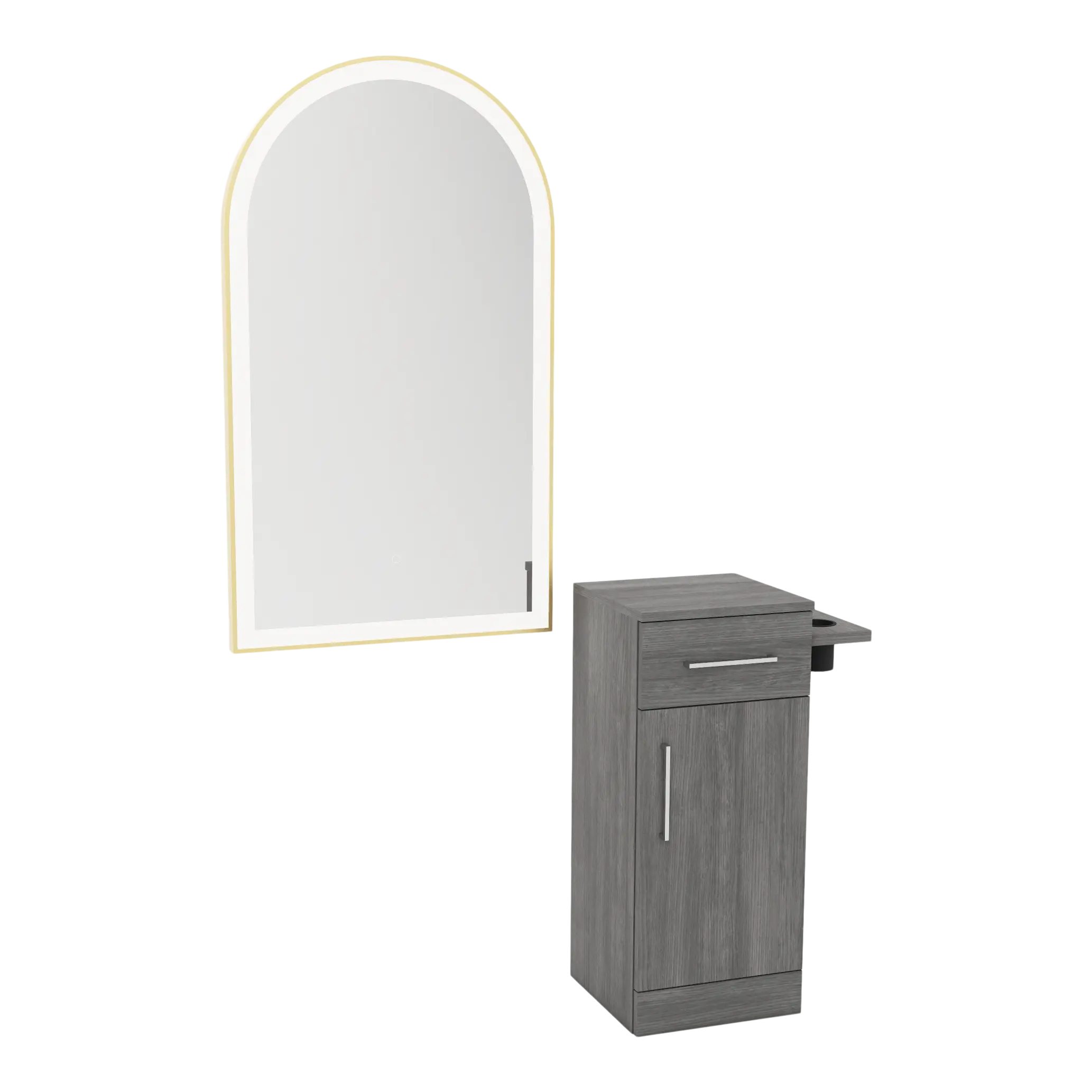 Nova Tower Free Standing Styling Station with Side-Mount Appliance Holder and Gold Arch Paloma Mirror