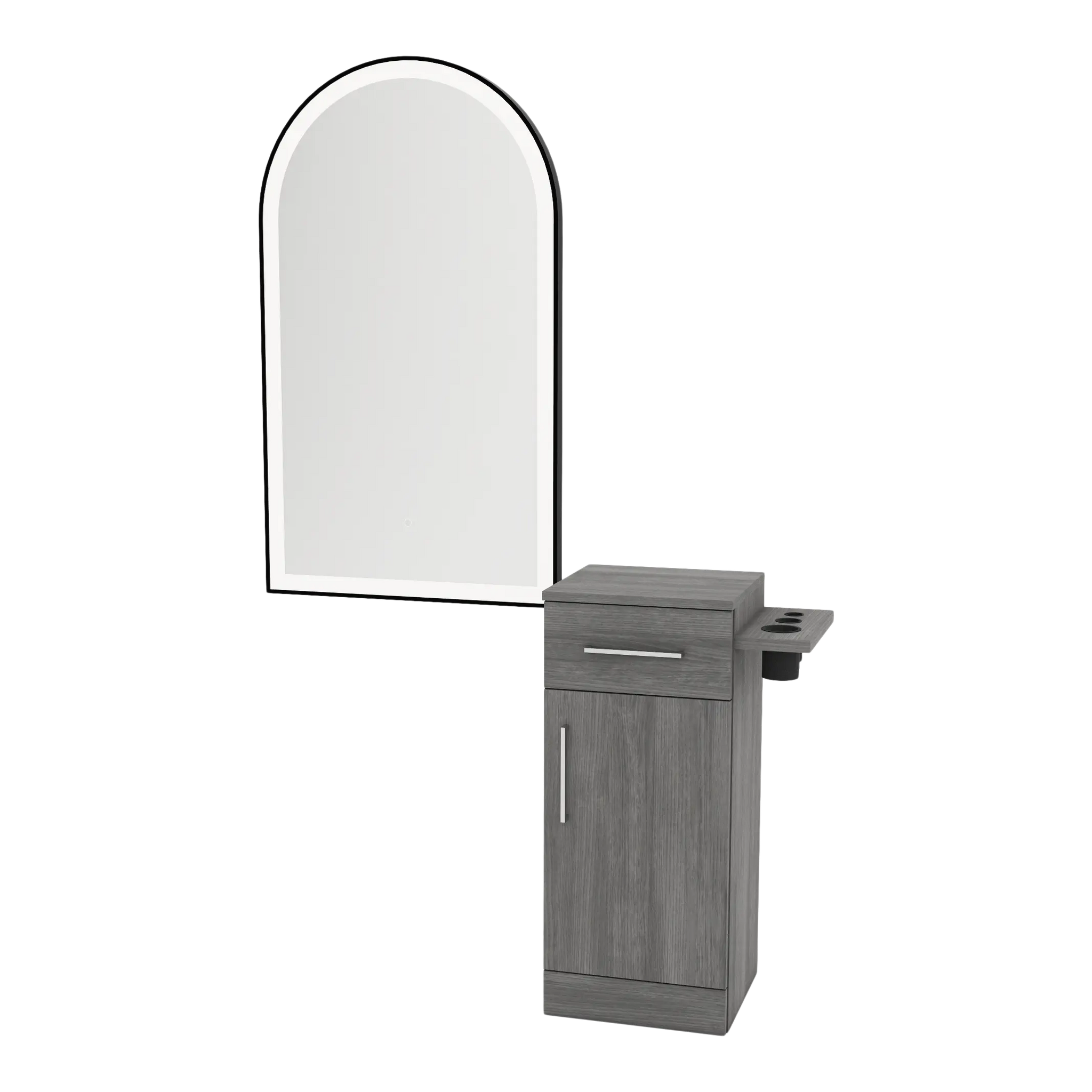 Nova Tower Free Standing Styling Station with Side-Mount Appliance Holder and Black Arch Paloma Mirror