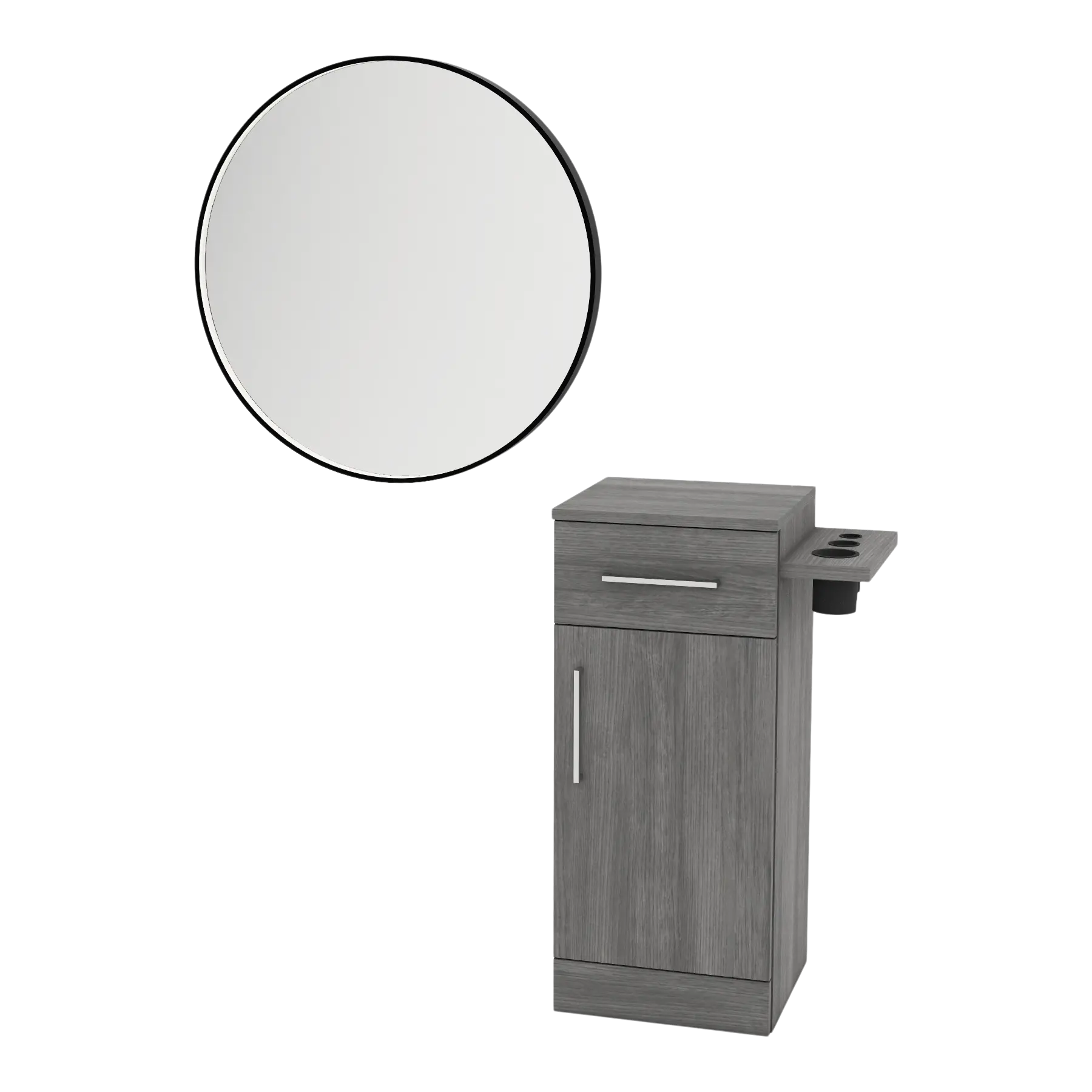 Nova Tower Free Standing Styling Station with Side-Mount Appliance Holder and Black Round Westin Mirror