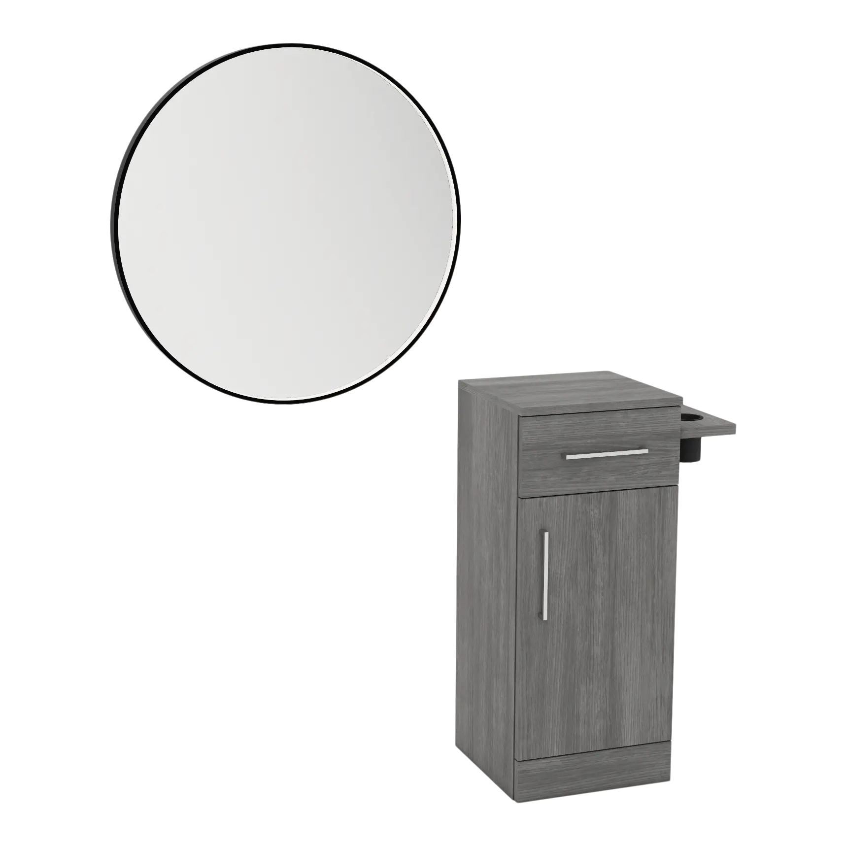 Nova Tower Free Standing Styling Station with Side-Mount Appliance Holder and Black Round Westin Mirror