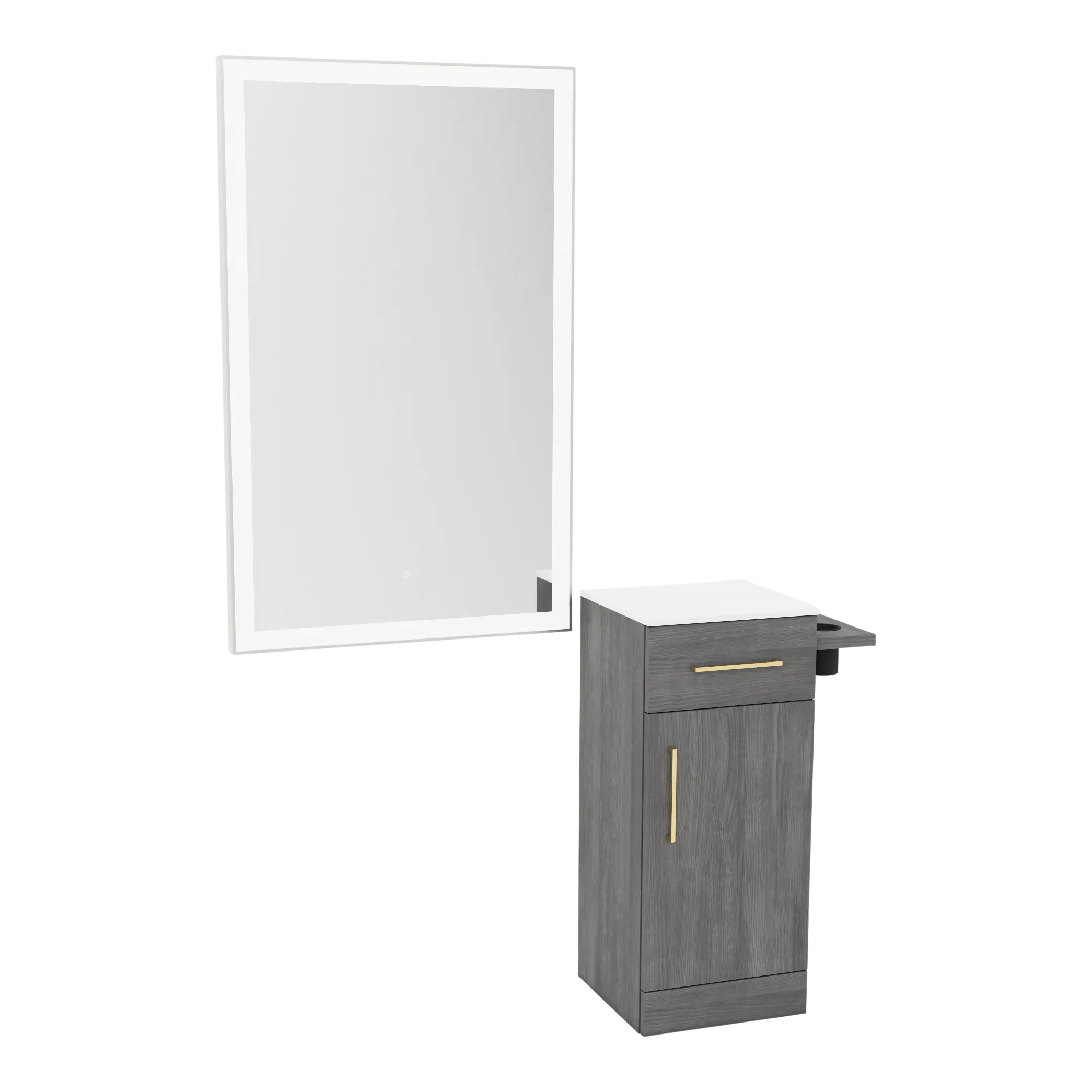 Nova Wall Mount Styling Station with Concealed Appliance Holder, Solid Surface Countertop, and Silver Rectangle Glo Mirror