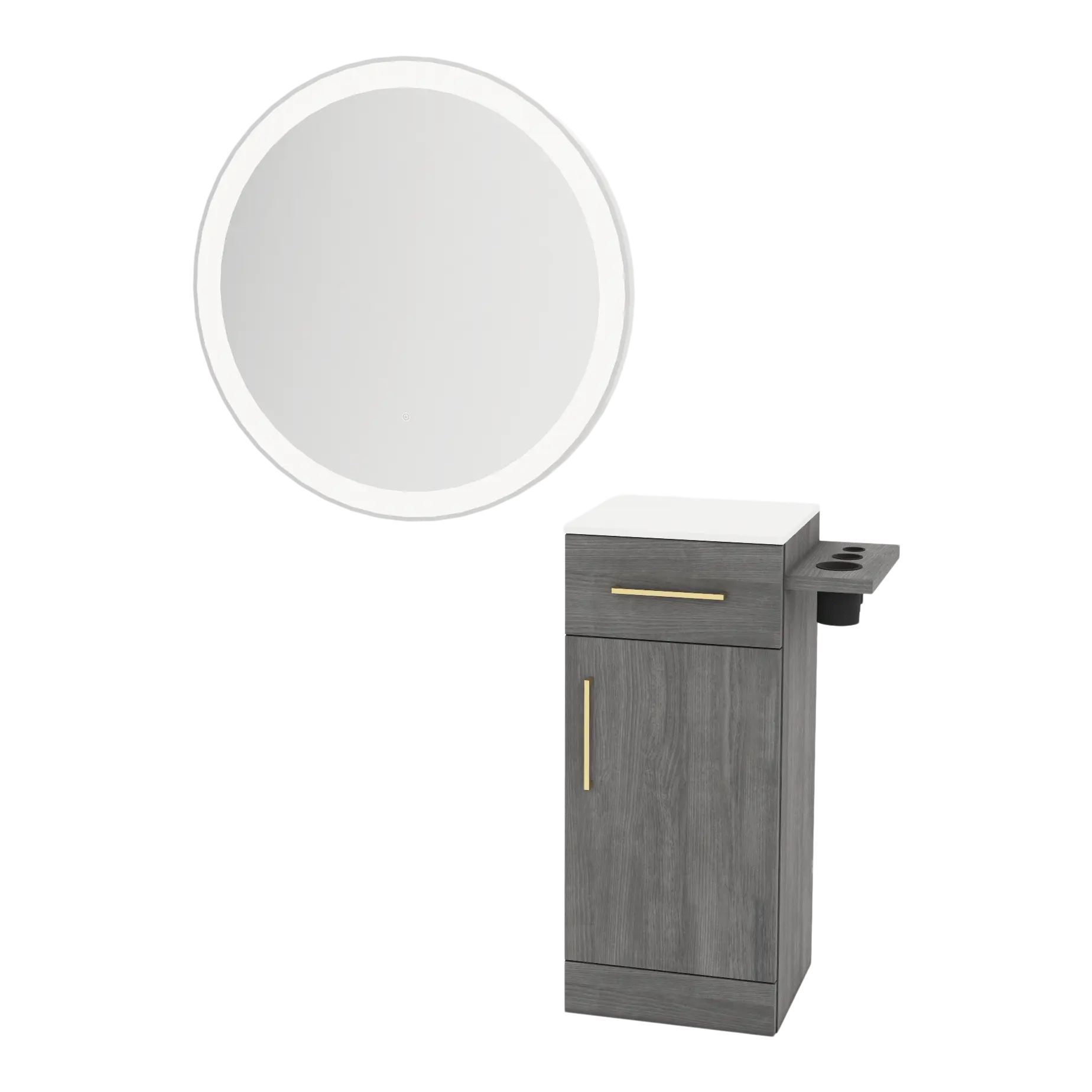 Nova Tower Free Standing Styling Station with Side-Mount Appliance Holder, Solid Surface Countertop, and Silver Round Glo Mirror