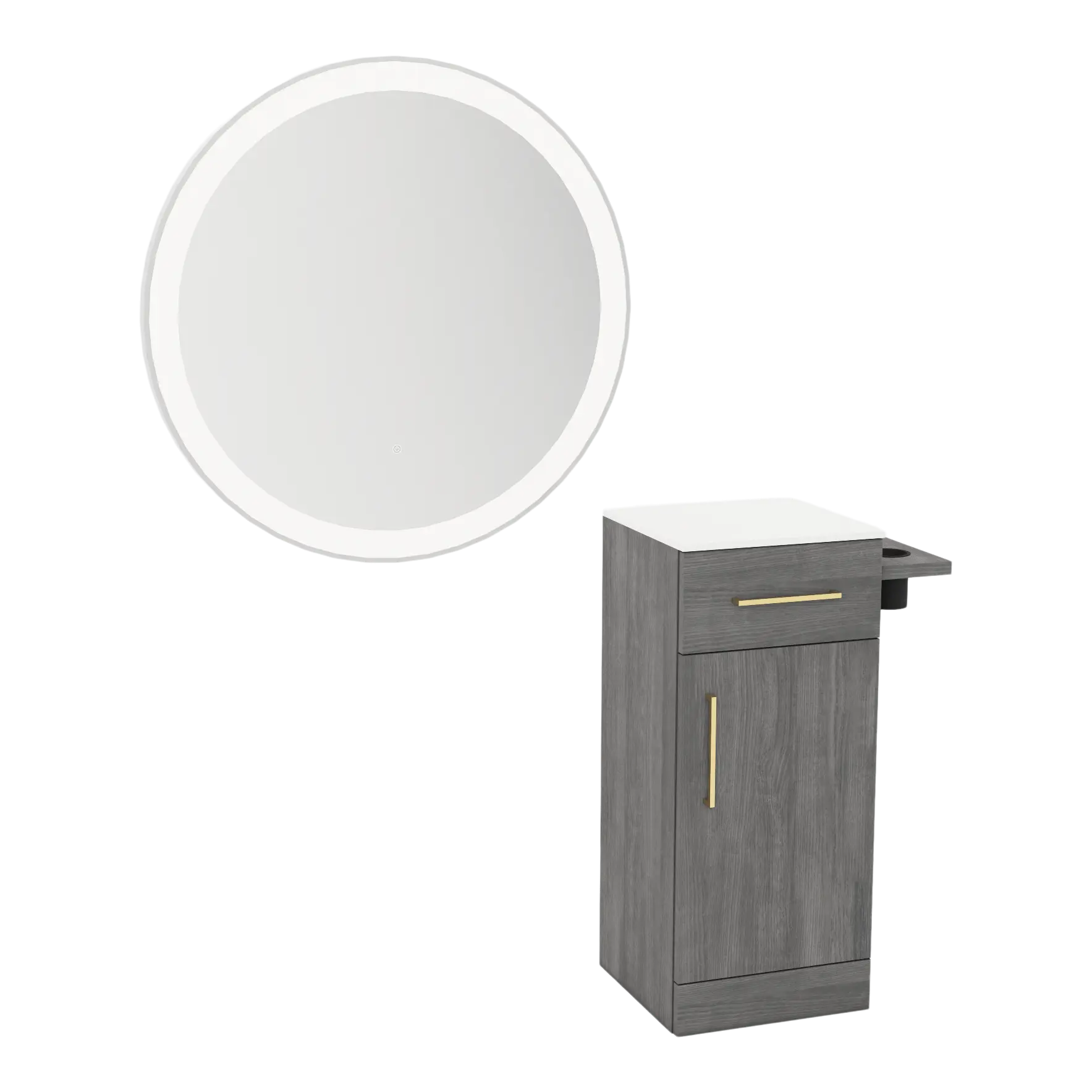 Nova Tower Free Standing Styling Station with Side-Mount Appliance Holder, Solid Surface Countertop, and Silver Round Glo Mirror
