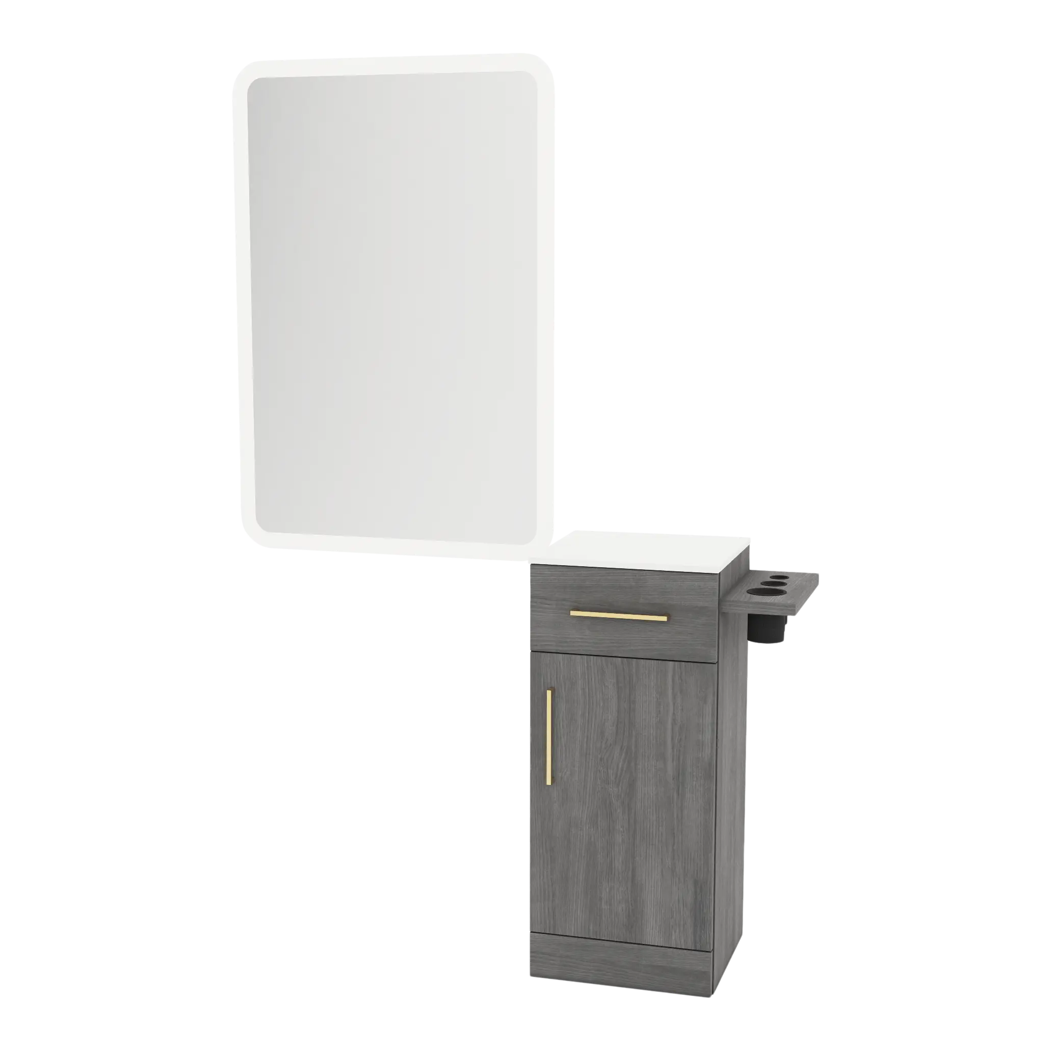 Nova Tower Free Standing Styling Station with Side-Mount Appliance Holder, Solid Surface Countertop, and White Rectangle Illuminate Back Lit Mirror