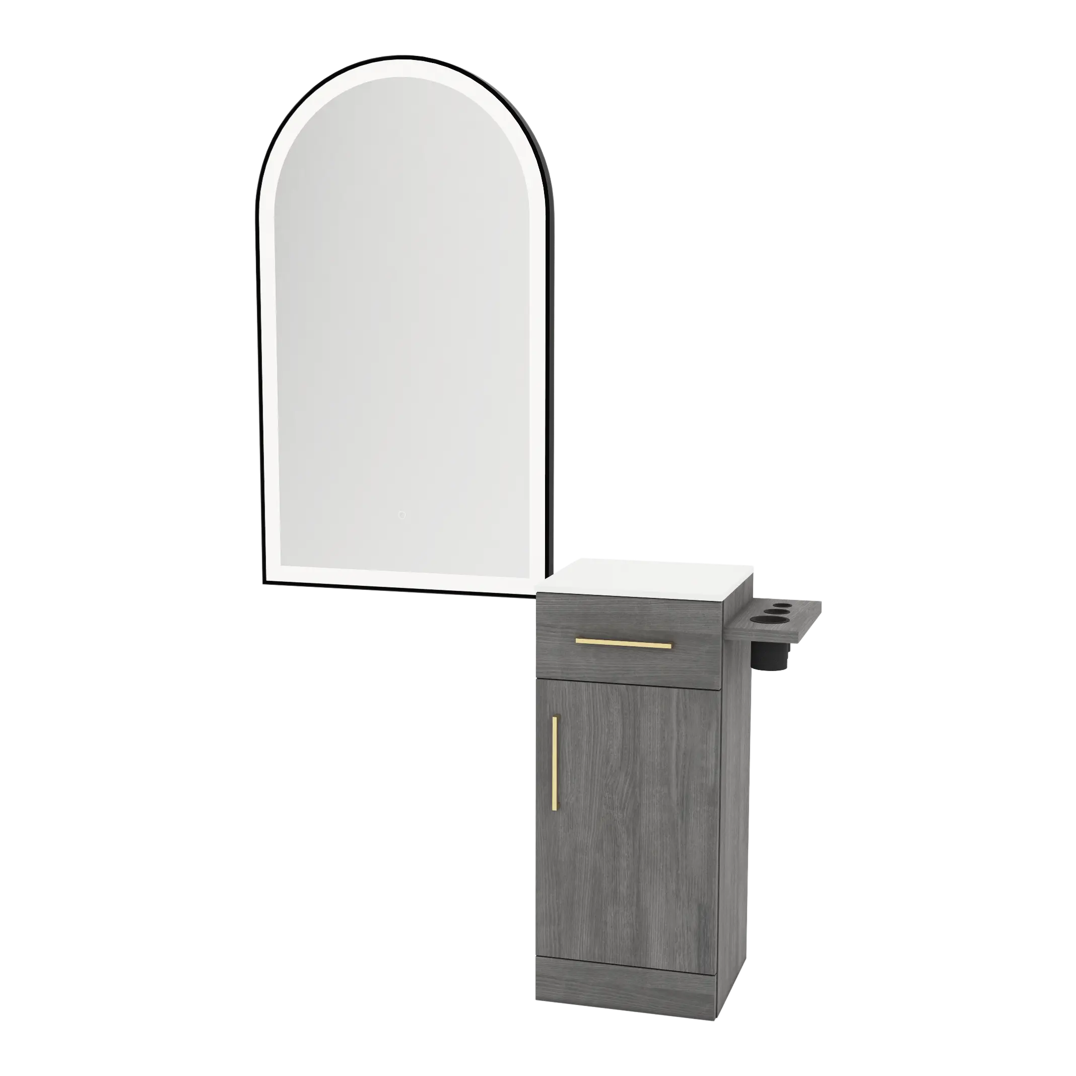 Nova Tower Free Standing Styling Station with Side-Mount Appliance Holder, Solid Surface Countertop, and Black Arch Paloma Mirror