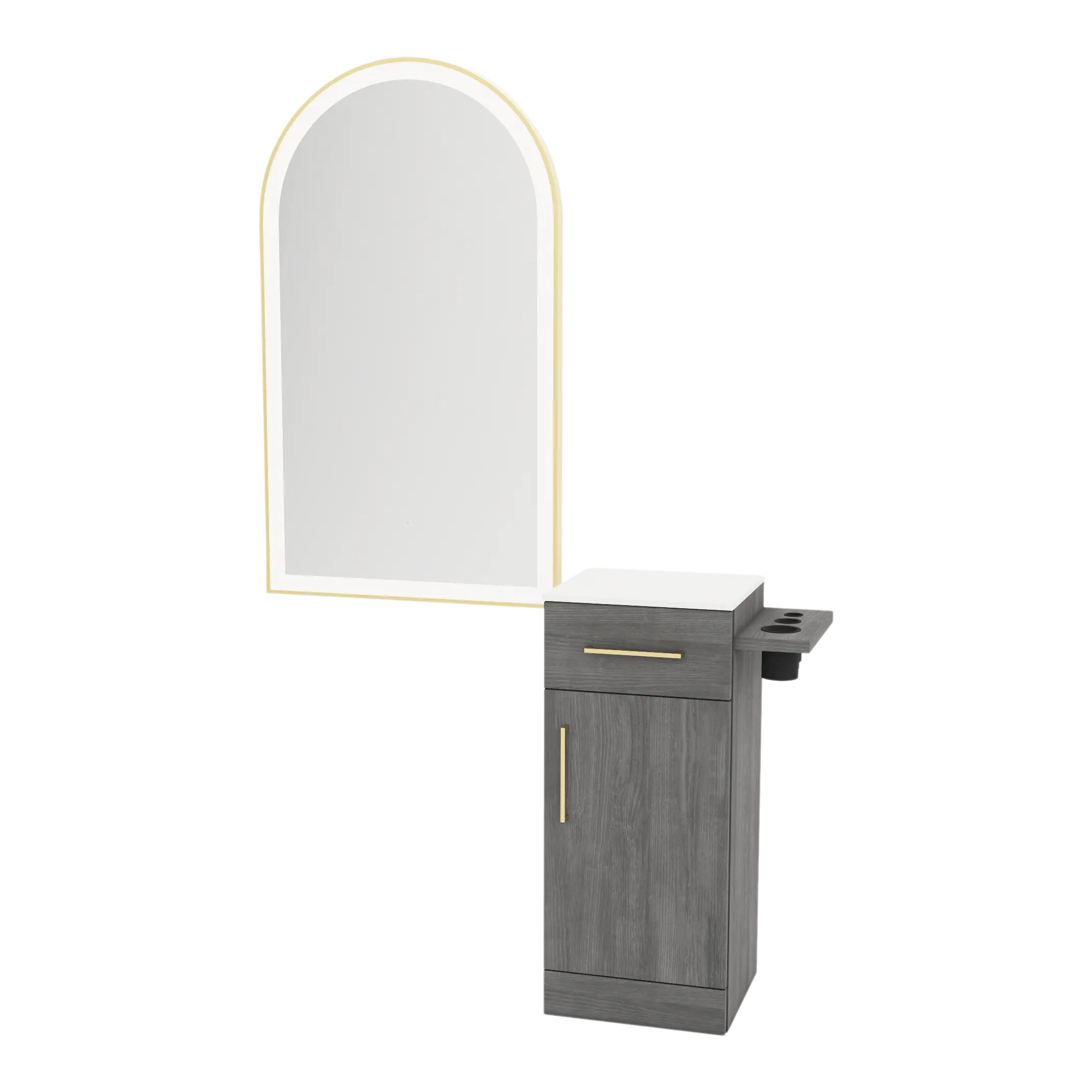 Nova Tower Free Standing Styling Station with Side-Mount Appliance Holder, Solid Surface Countertop, and Gold Arch Paloma Mirror