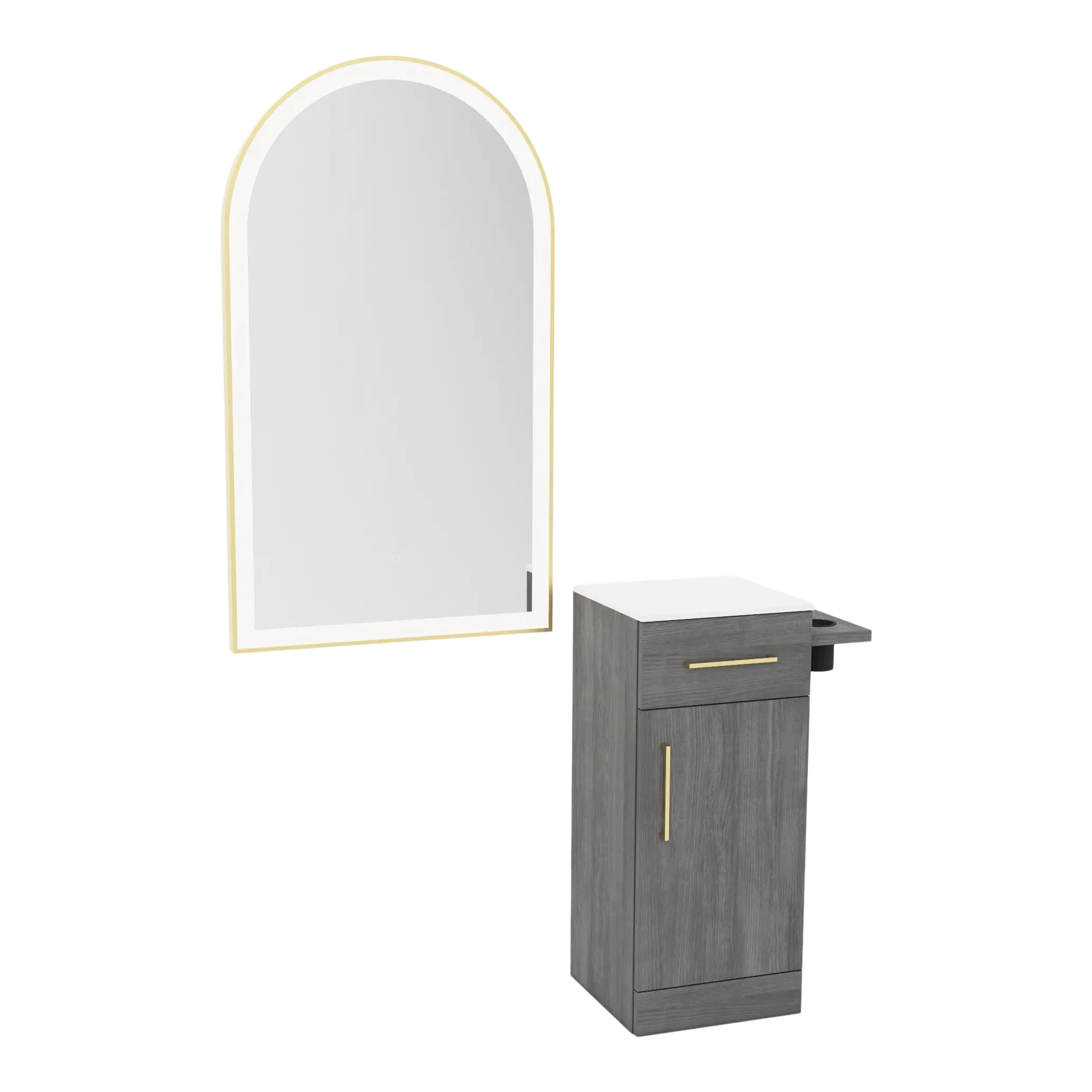Nova Tower Free Standing Styling Station with Side-Mount Appliance Holder, Solid Surface Countertop, and Gold Arch Paloma Mirror