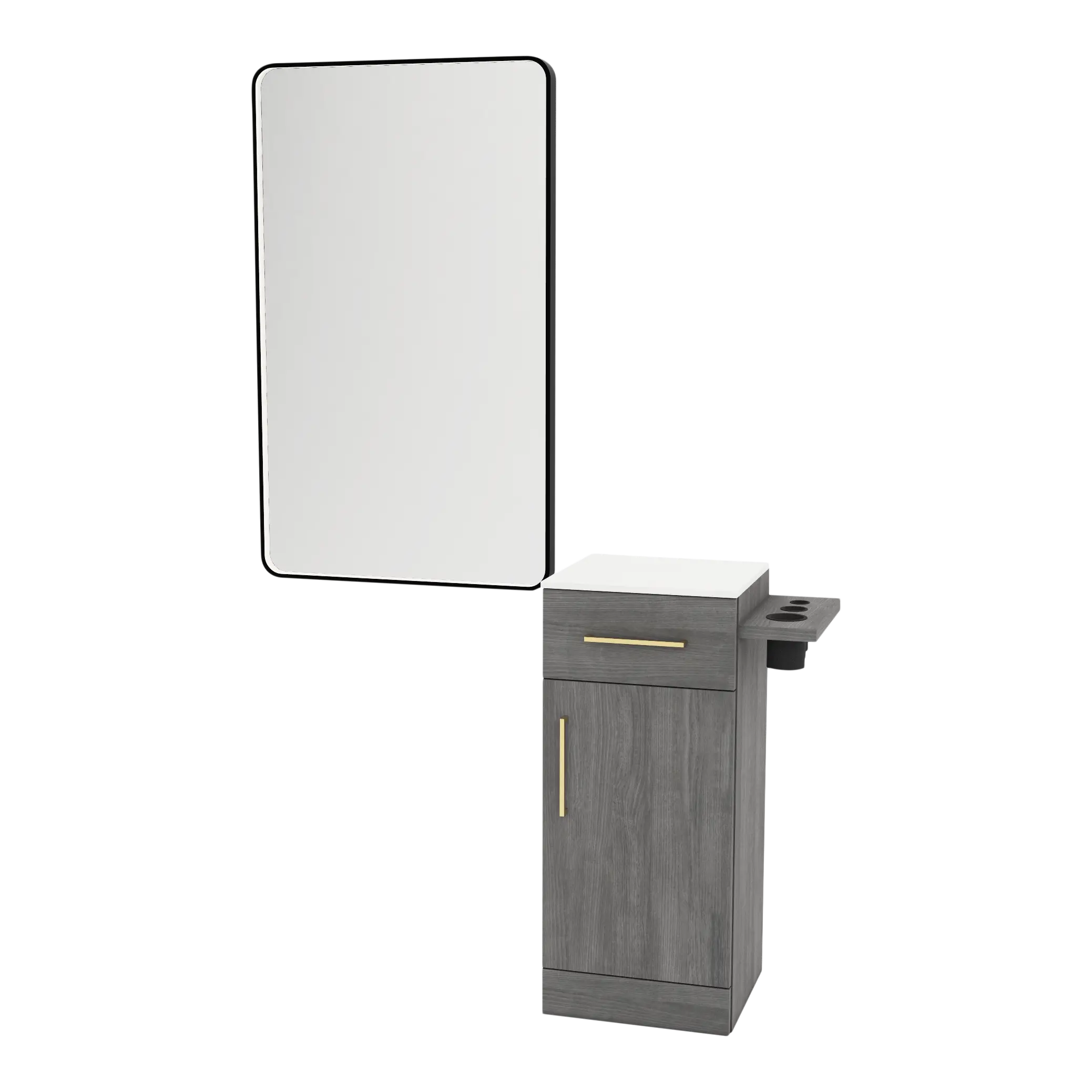 Nova Tower Free Standing Styling Station with Side-Mount Appliance Holder, Solid Surface Countertop, and Black Rectangle Westin Mirror