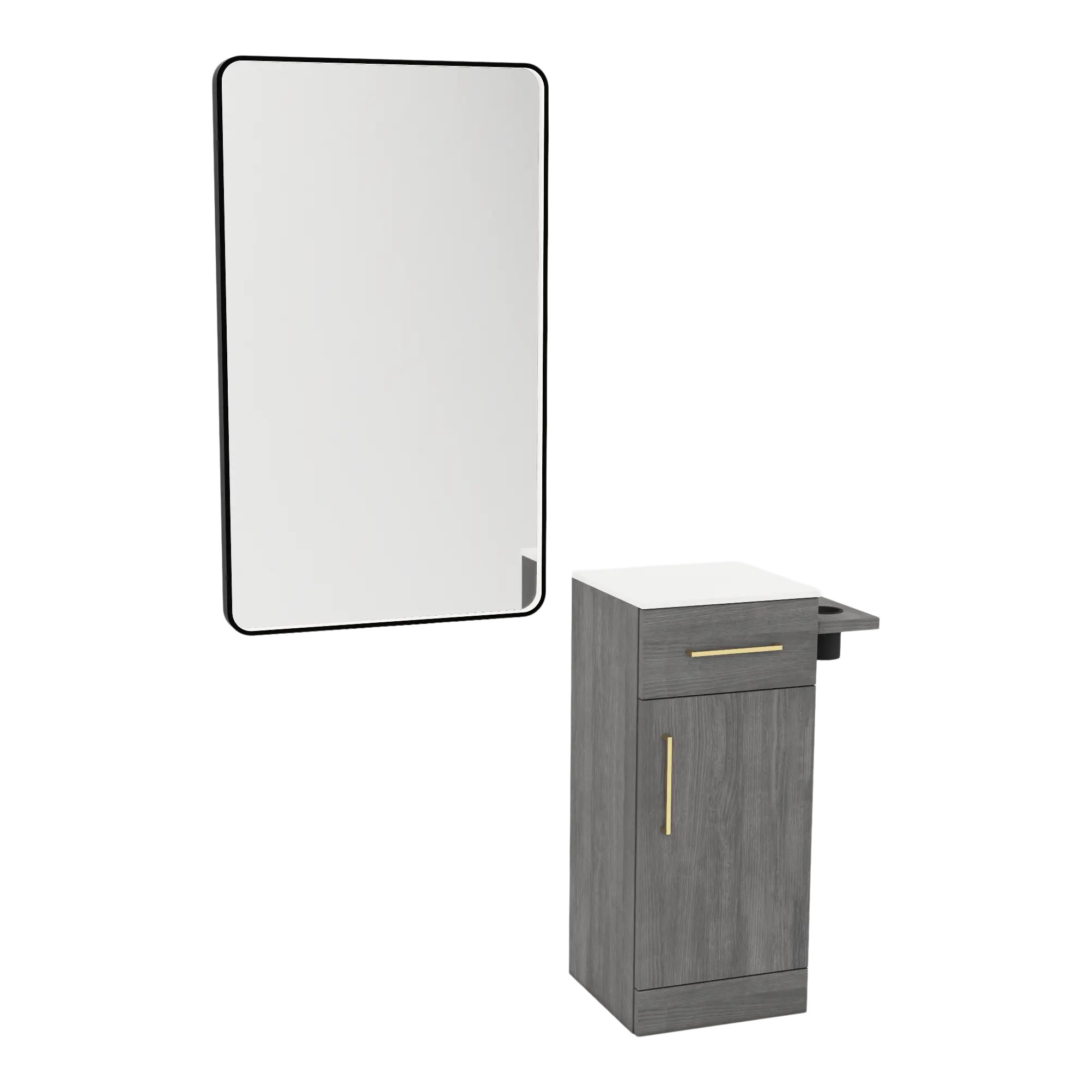 Nova Tower Free Standing Styling Station with Side-Mount Appliance Holder, Solid Surface Countertop, and Black Rectangle Westin Mirror