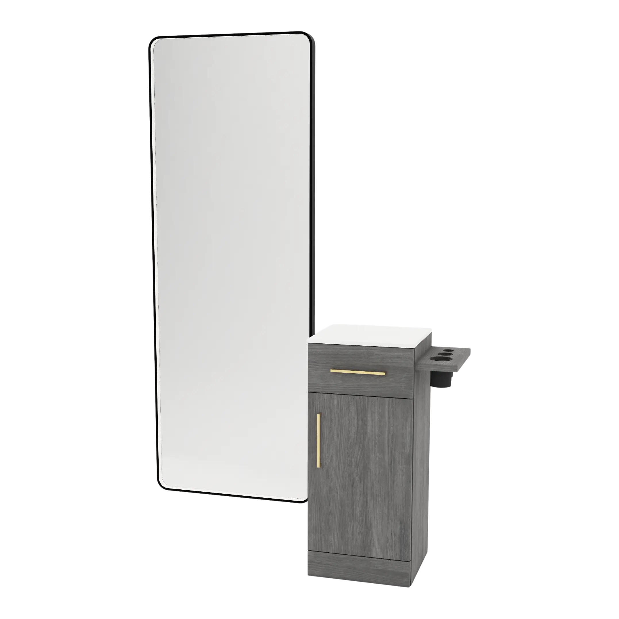 Nova Tower Free Standing Styling Station with Side-Mount Appliance Holder, Solid Surface Countertop, and Black Full-Length Rectangle Westin Mirror