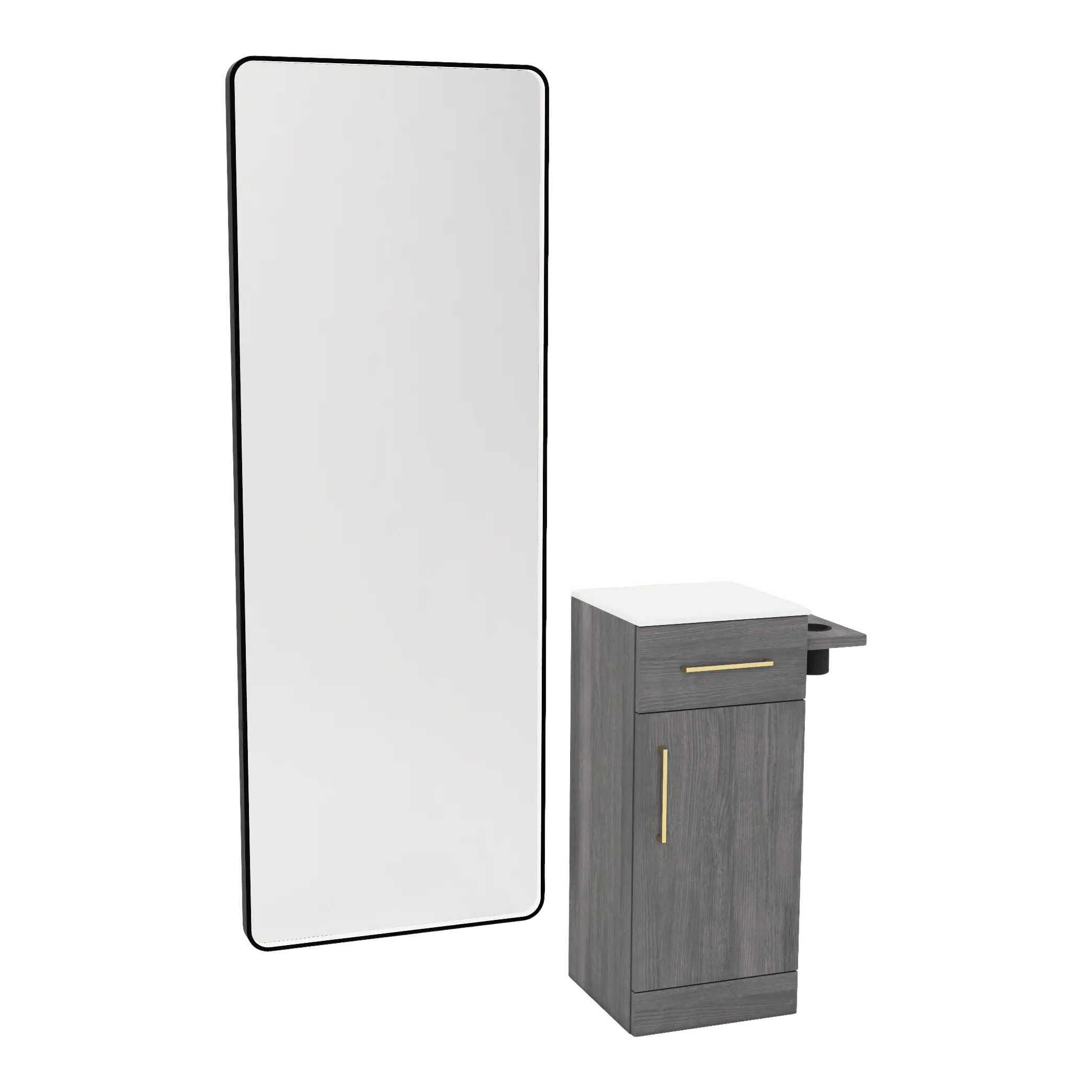 Nova Tower Free Standing Styling Station with Side-Mount Appliance Holder, Solid Surface Countertop, and Black Full-Length Rectangle Westin Mirror