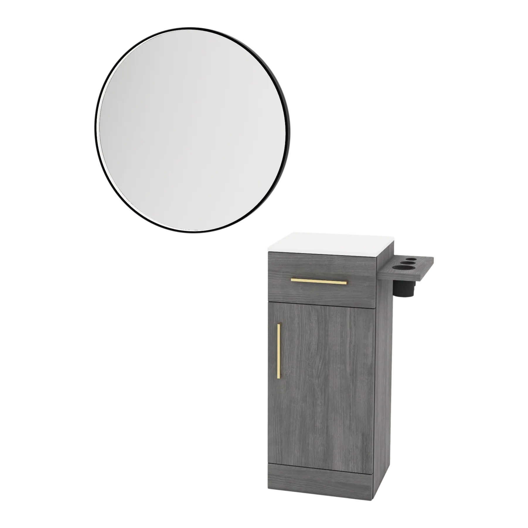 Nova Tower Free Standing Styling Station with Side-Mount Appliance Holder, Solid Surface Countertop, and Black Round Westin Mirror