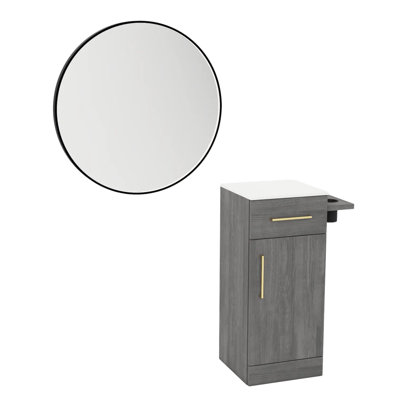 Nova Tower Free Standing Styling Station with Side-Mount Appliance Holder, Solid Surface Countertop, and Black Round Westin Mirror