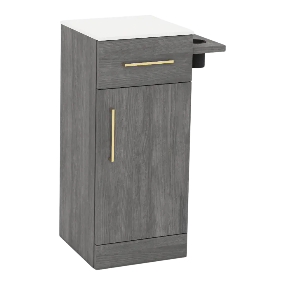 Nova Tower Free Standing Styling Station with Side-Mount Appliance Holder and Solid Surface Countertop (Cabinet Only)