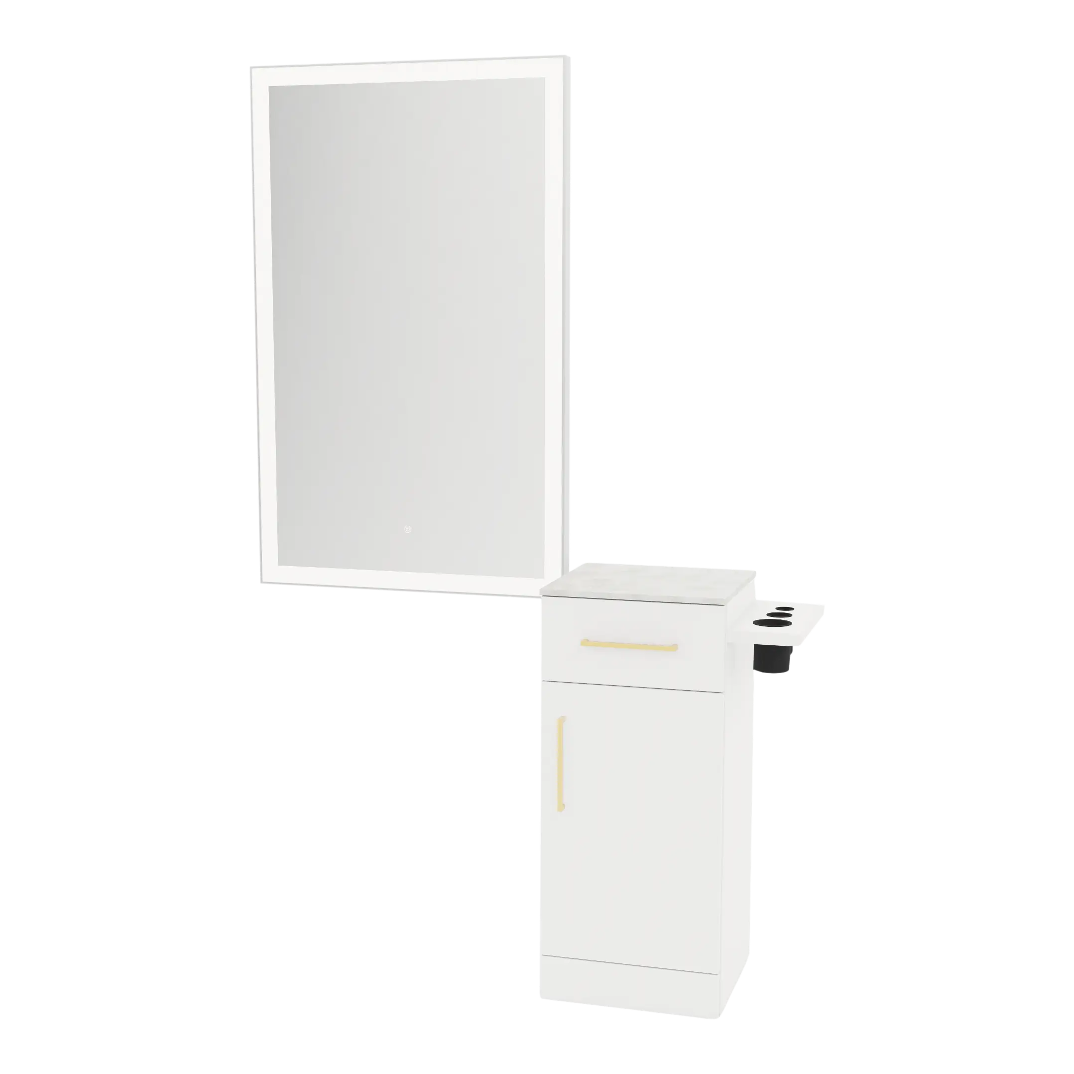 Nova Wall Mount Styling Station with Concealed Appliance Holder, Solid Surface Countertop, and Silver Rectangle Glo Mirror