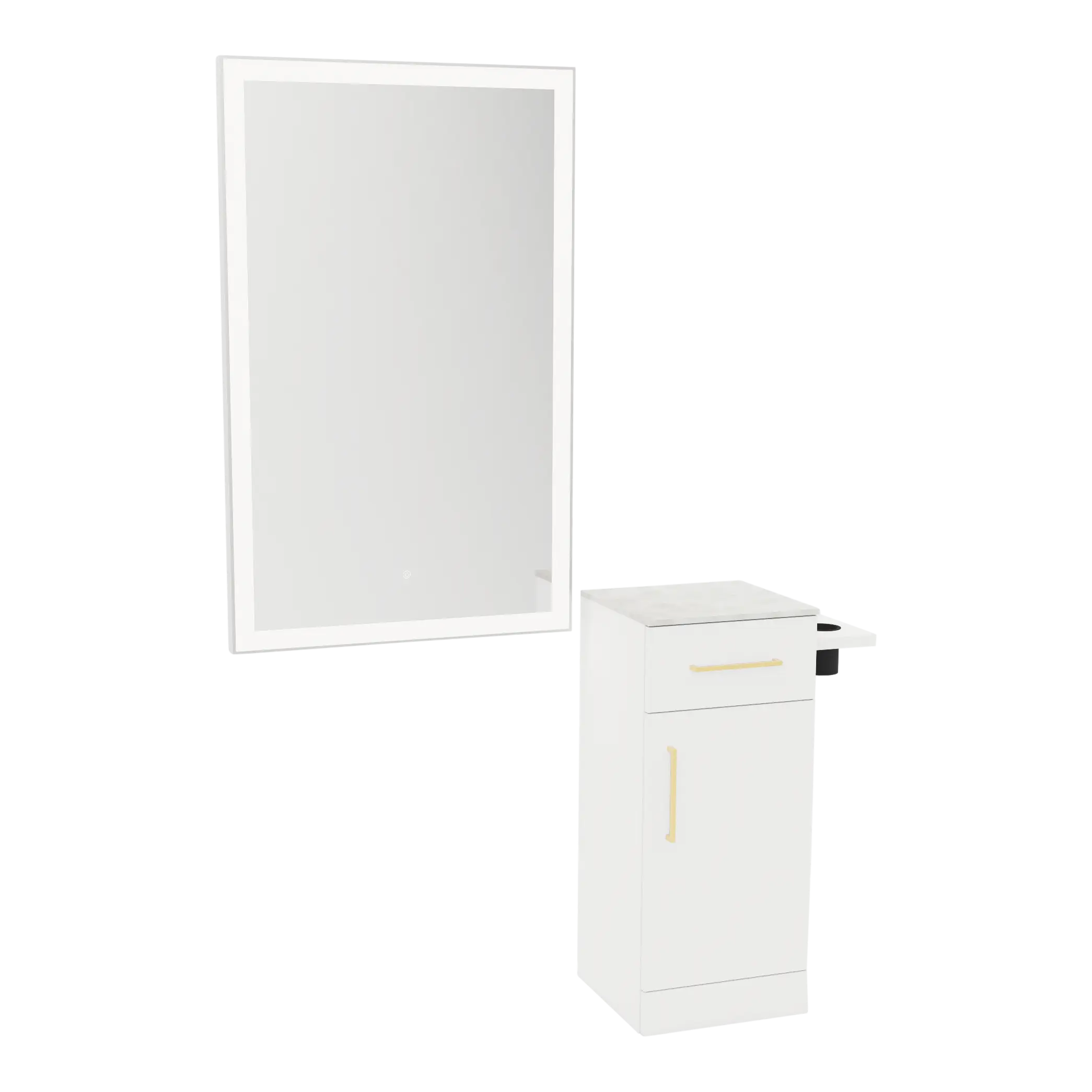 Nova Wall Mount Styling Station with Concealed Appliance Holder, Solid Surface Countertop, and Silver Rectangle Glo Mirror