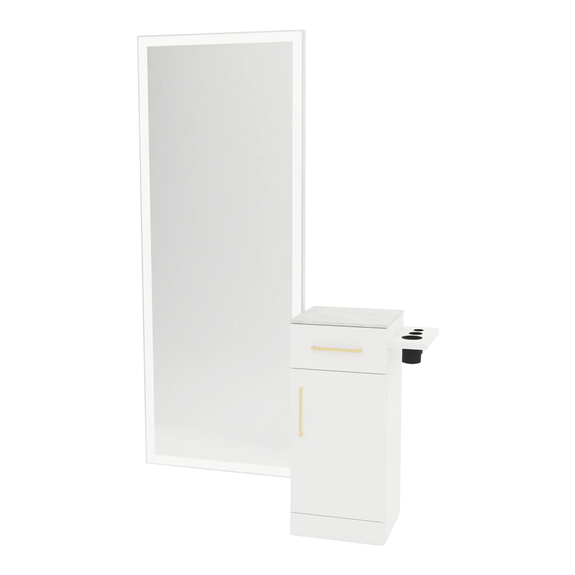 Nova Tower Free Standing Styling Station with Side-Mount Appliance Holder, Solid Surface Countertop, and Silver Full-Length Rectangle Glo Mirror