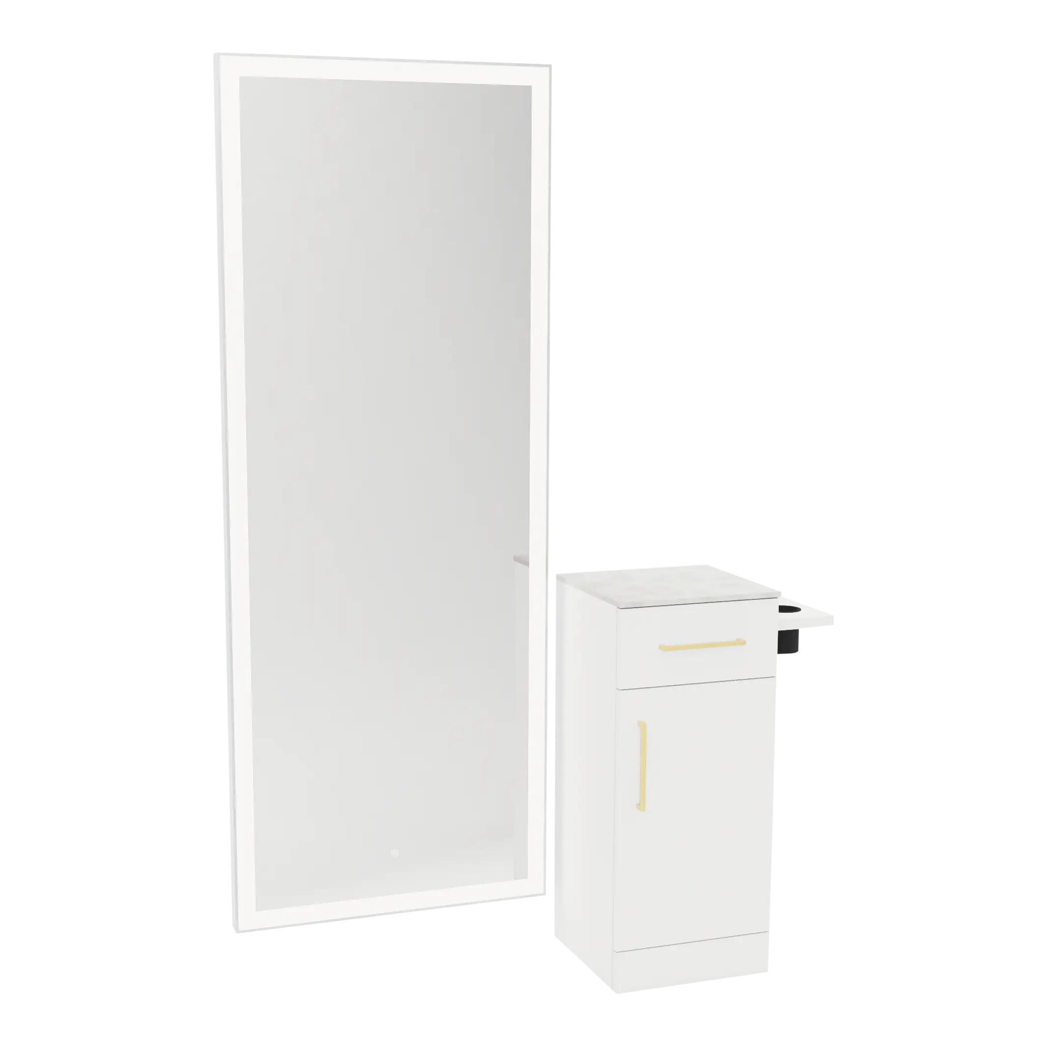 Nova Tower Free Standing Styling Station with Side-Mount Appliance Holder, Solid Surface Countertop, and Silver Full-Length Rectangle Glo Mirror