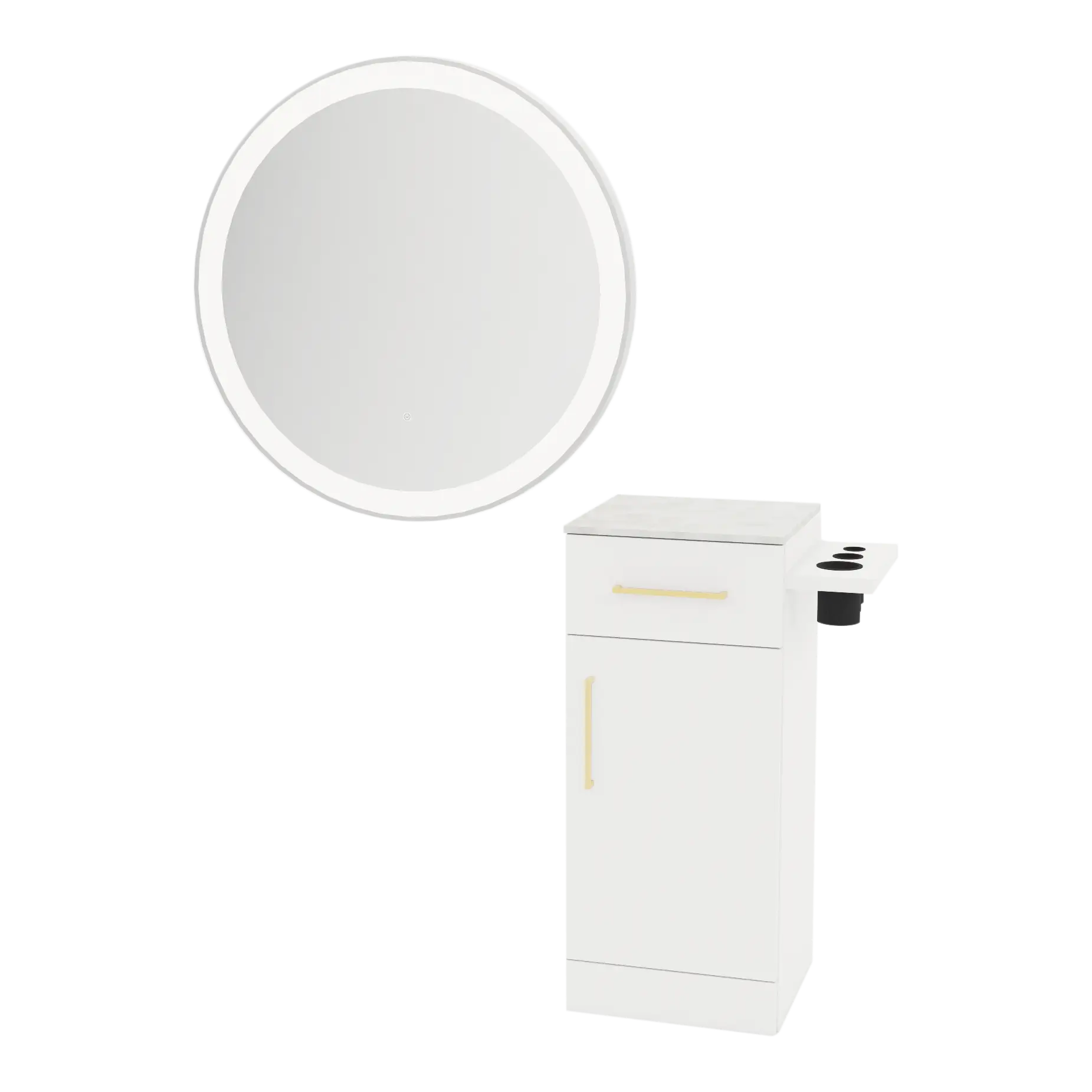 Nova Tower Free Standing Styling Station with Side-Mount Appliance Holder, Solid Surface Countertop, and Silver Round Glo Mirror