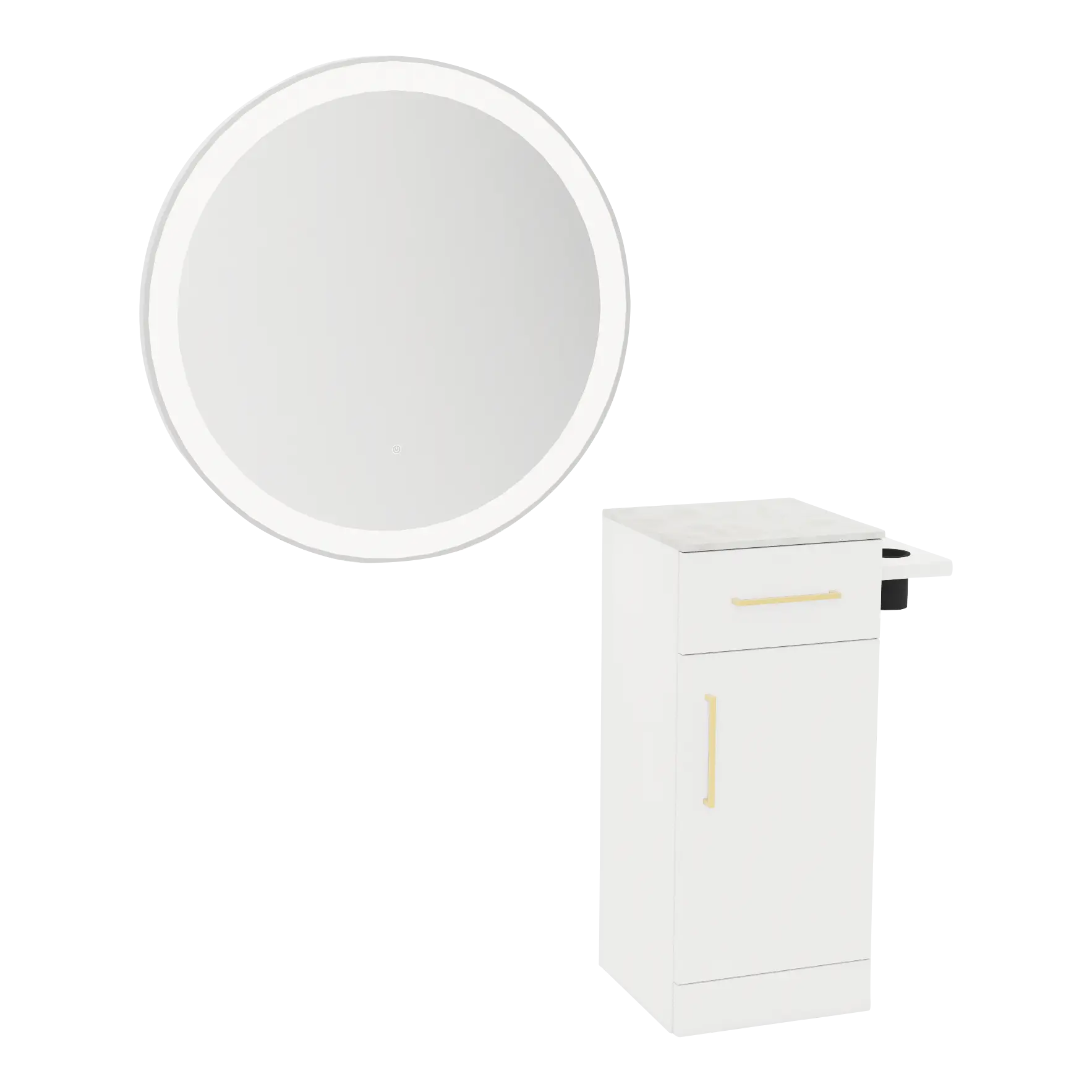 Nova Tower Free Standing Styling Station with Side-Mount Appliance Holder, Solid Surface Countertop, and Silver Round Glo Mirror