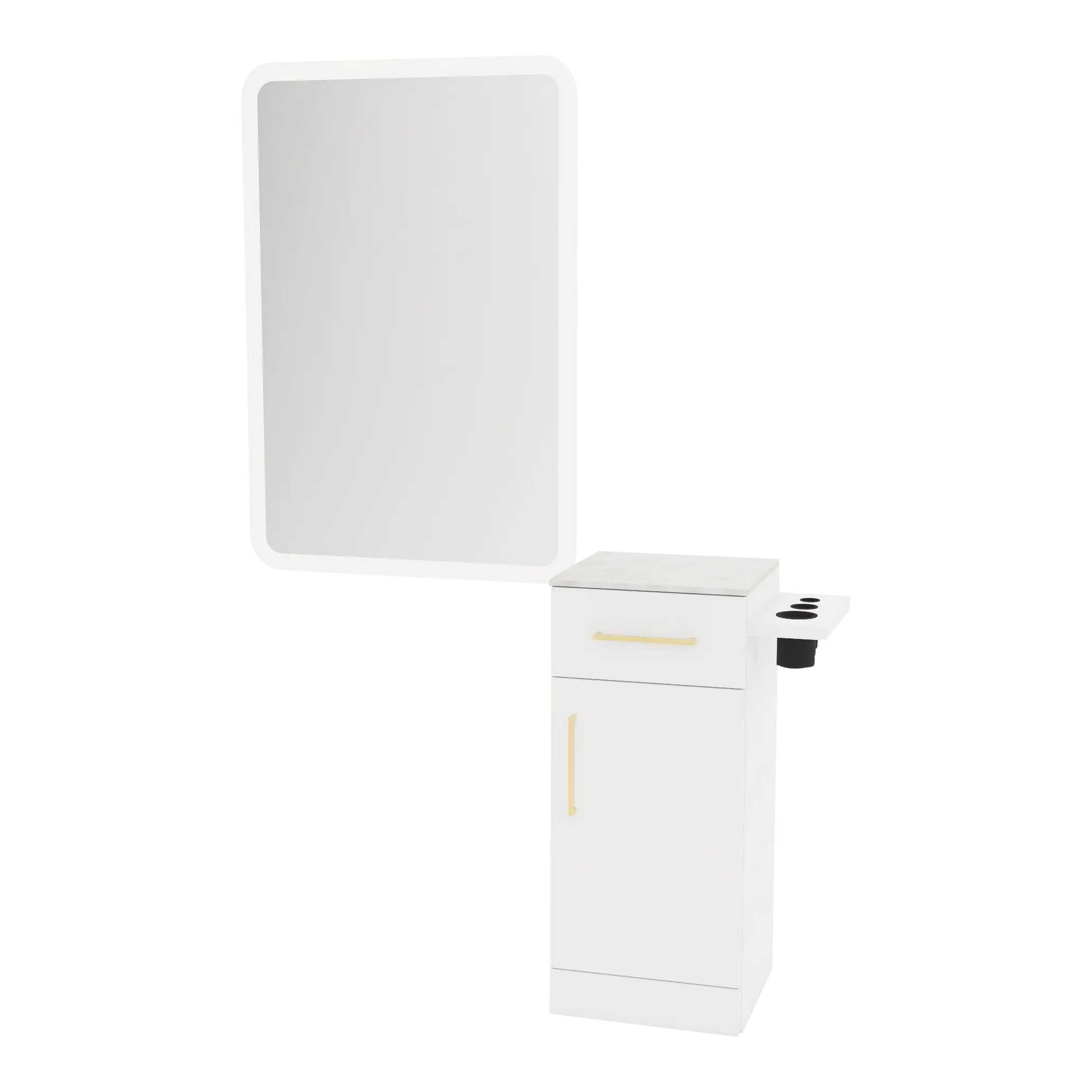 Nova Tower Free Standing Styling Station with Side-Mount Appliance Holder, Solid Surface Countertop, and White Rectangle Illuminate Back Lit Mirror