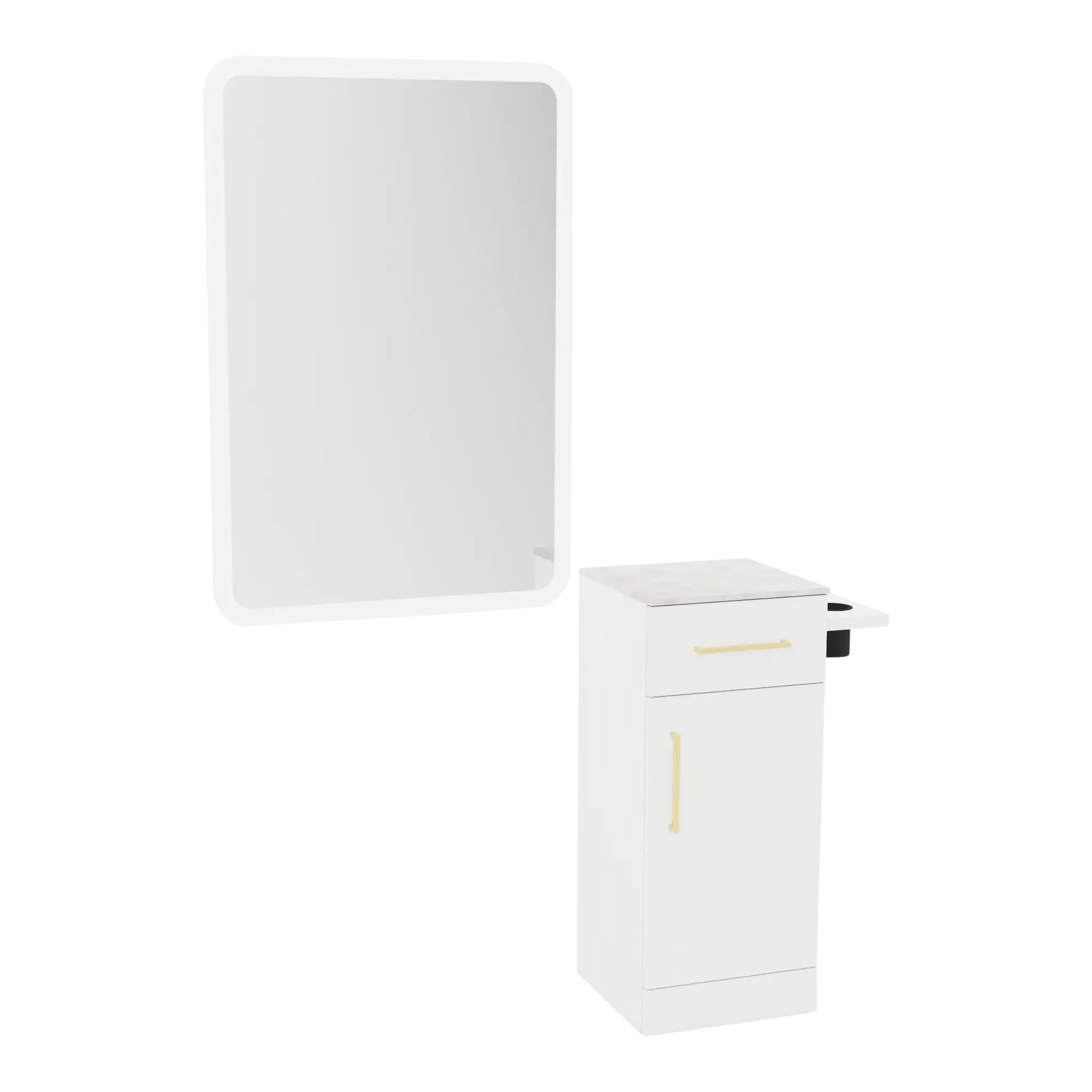 Nova Tower Free Standing Styling Station with Side-Mount Appliance Holder, Solid Surface Countertop, and White Rectangle Illuminate Back Lit Mirror