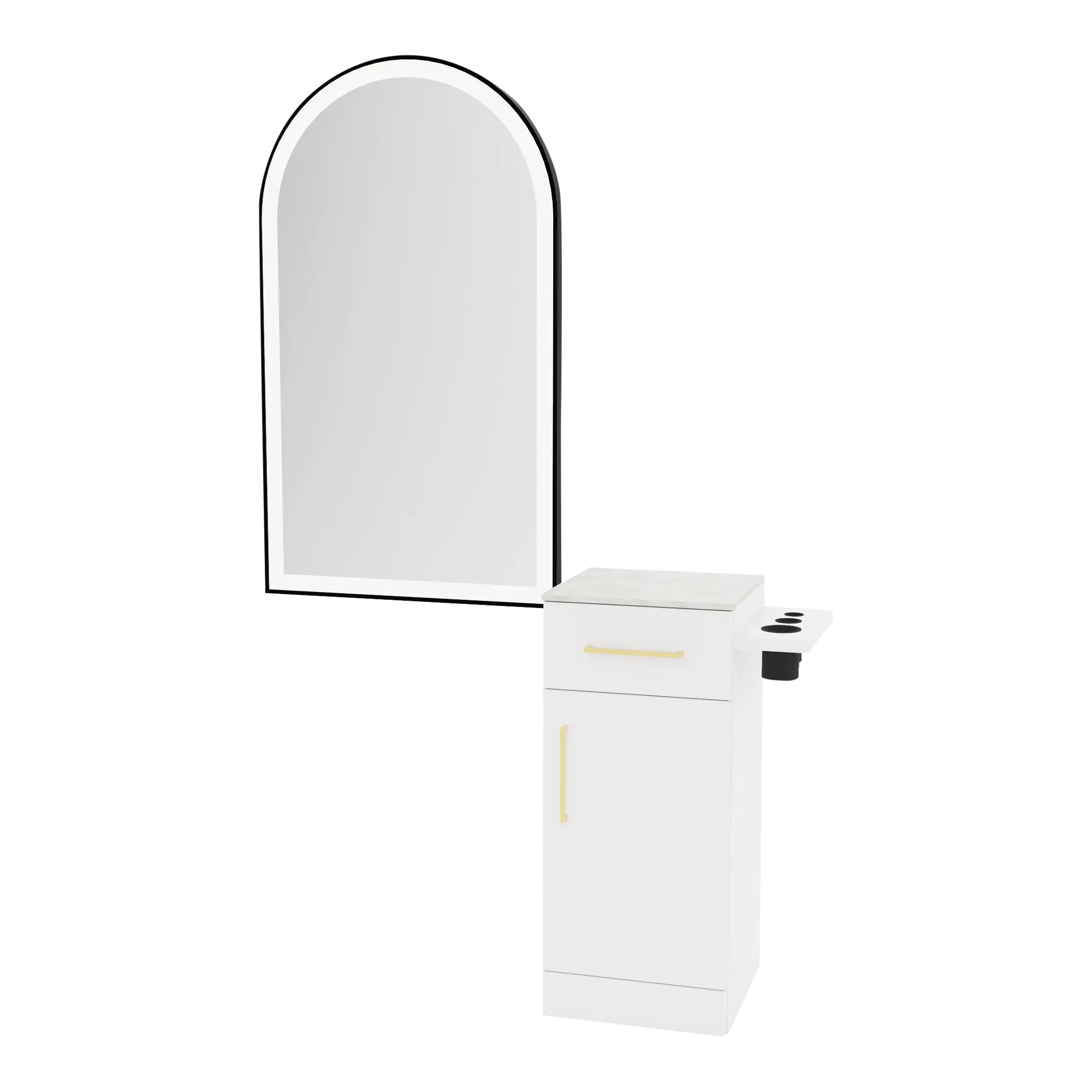 Nova Tower Free Standing Styling Station with Side-Mount Appliance Holder, Solid Surface Countertop, and Black Arch Paloma Mirror