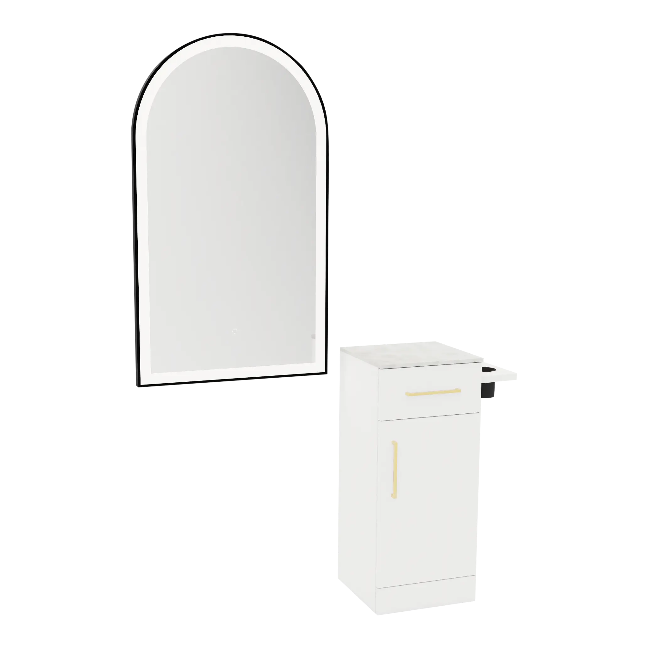 Nova Tower Free Standing Styling Station with Side-Mount Appliance Holder, Solid Surface Countertop, and Black Arch Paloma Mirror