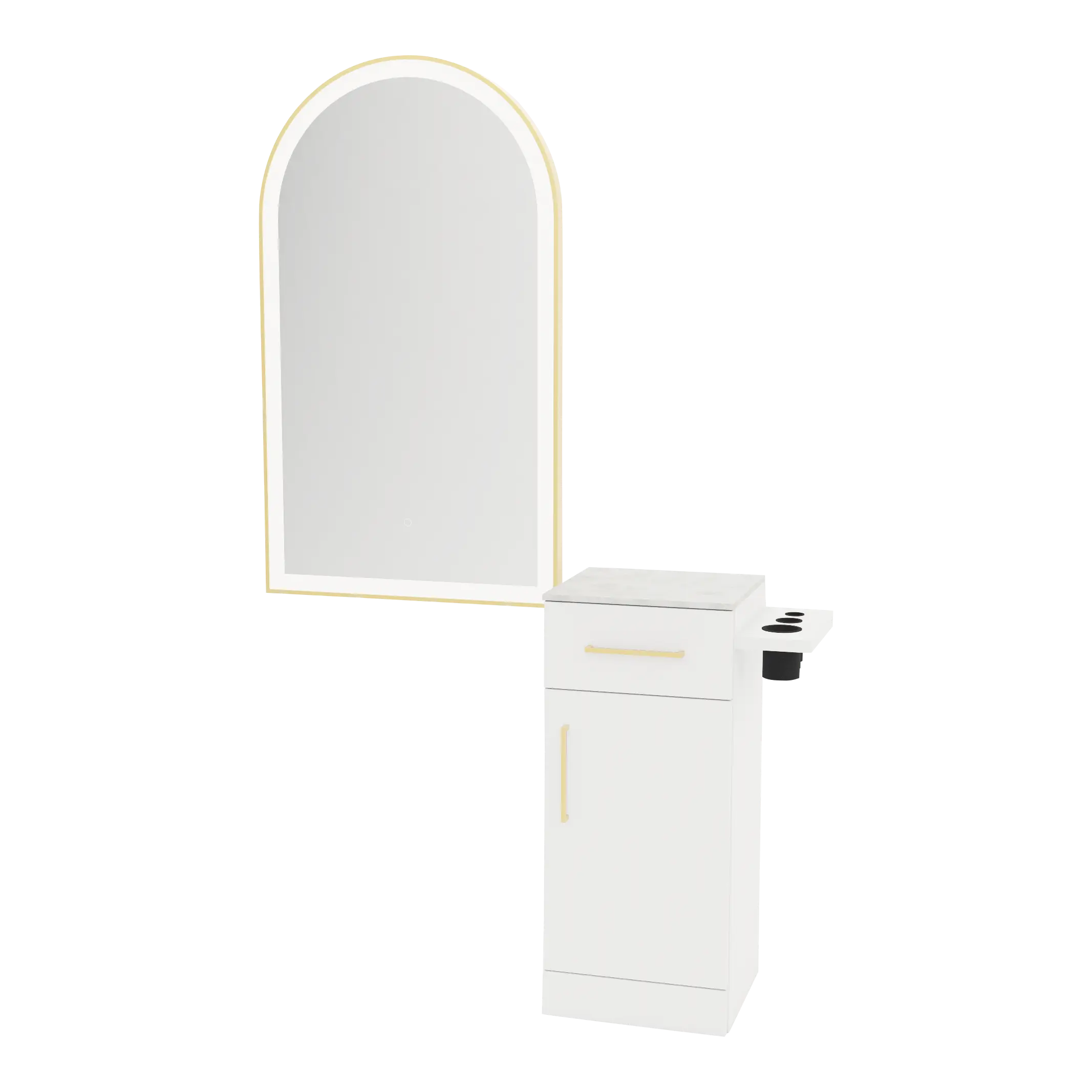 Nova Tower Free Standing Styling Station with Side-Mount Appliance Holder, Solid Surface Countertop, and Gold Arch Paloma Mirror