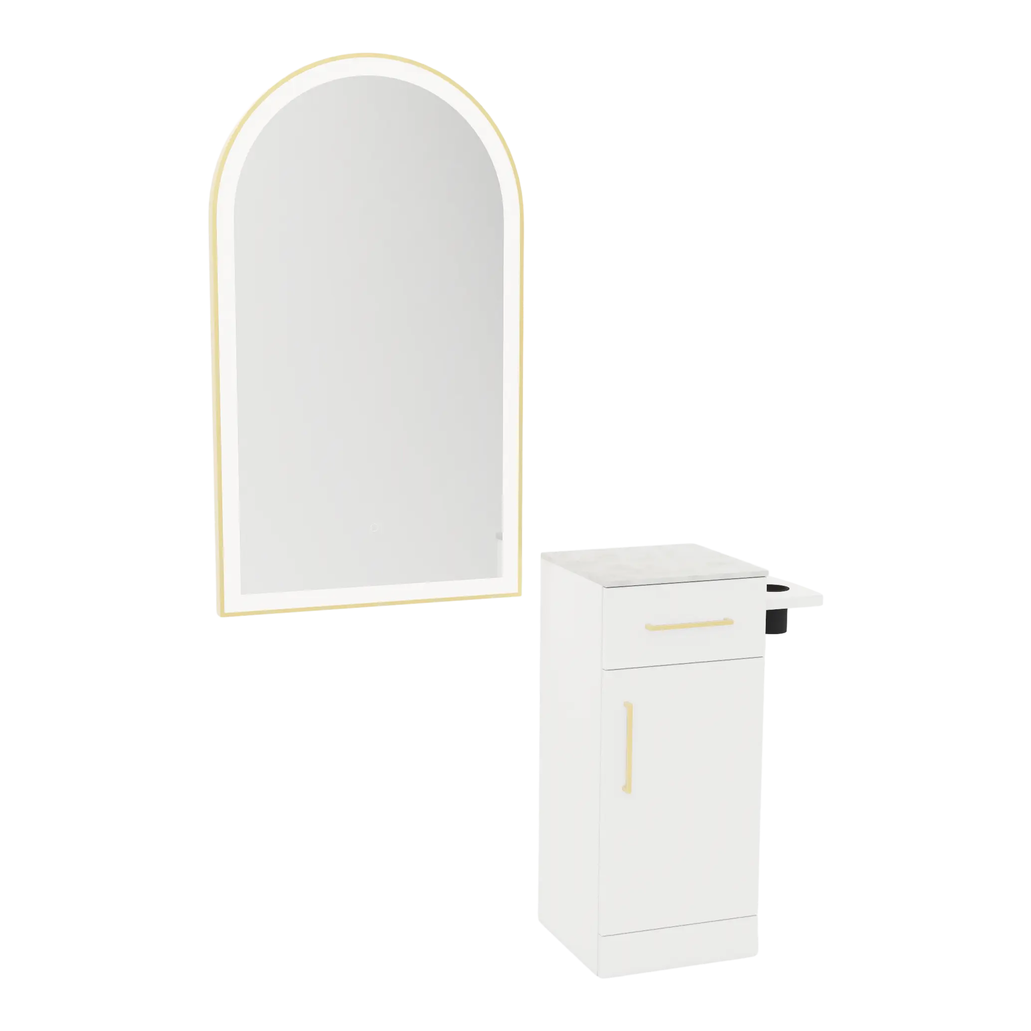 Nova Tower Free Standing Styling Station with Side-Mount Appliance Holder, Solid Surface Countertop, and Gold Arch Paloma Mirror