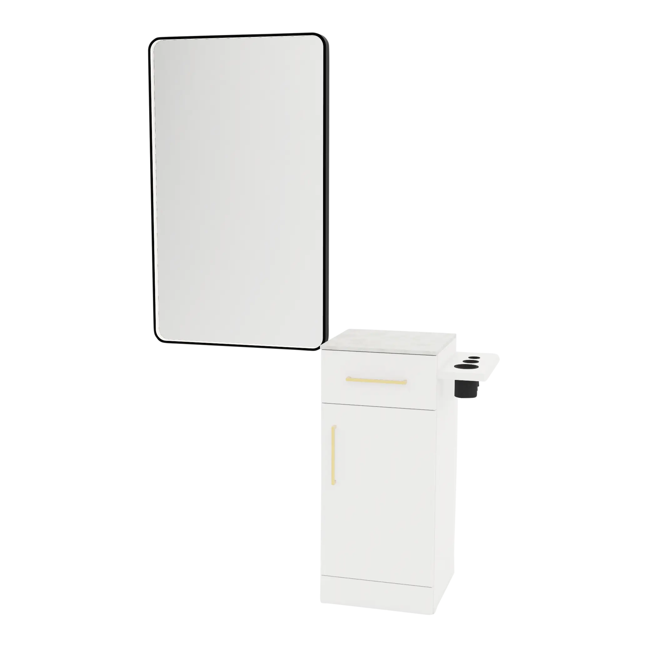 Nova Tower Free Standing Styling Station with Side-Mount Appliance Holder, Solid Surface Countertop, and Black Rectangle Westin Mirror