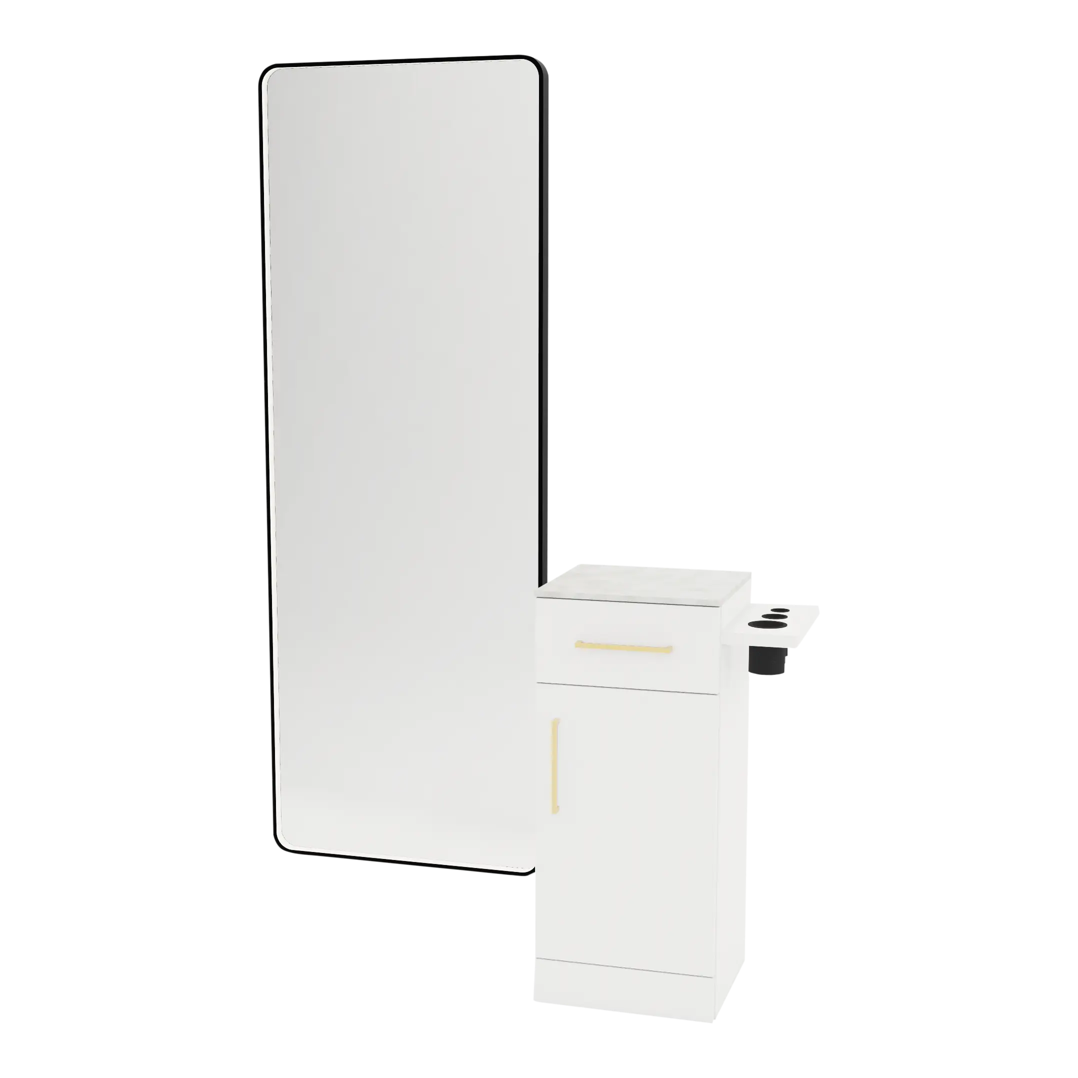 Nova Tower Free Standing Styling Station with Side-Mount Appliance Holder, Solid Surface Countertop, and Black Full-Length Rectangle Westin Mirror